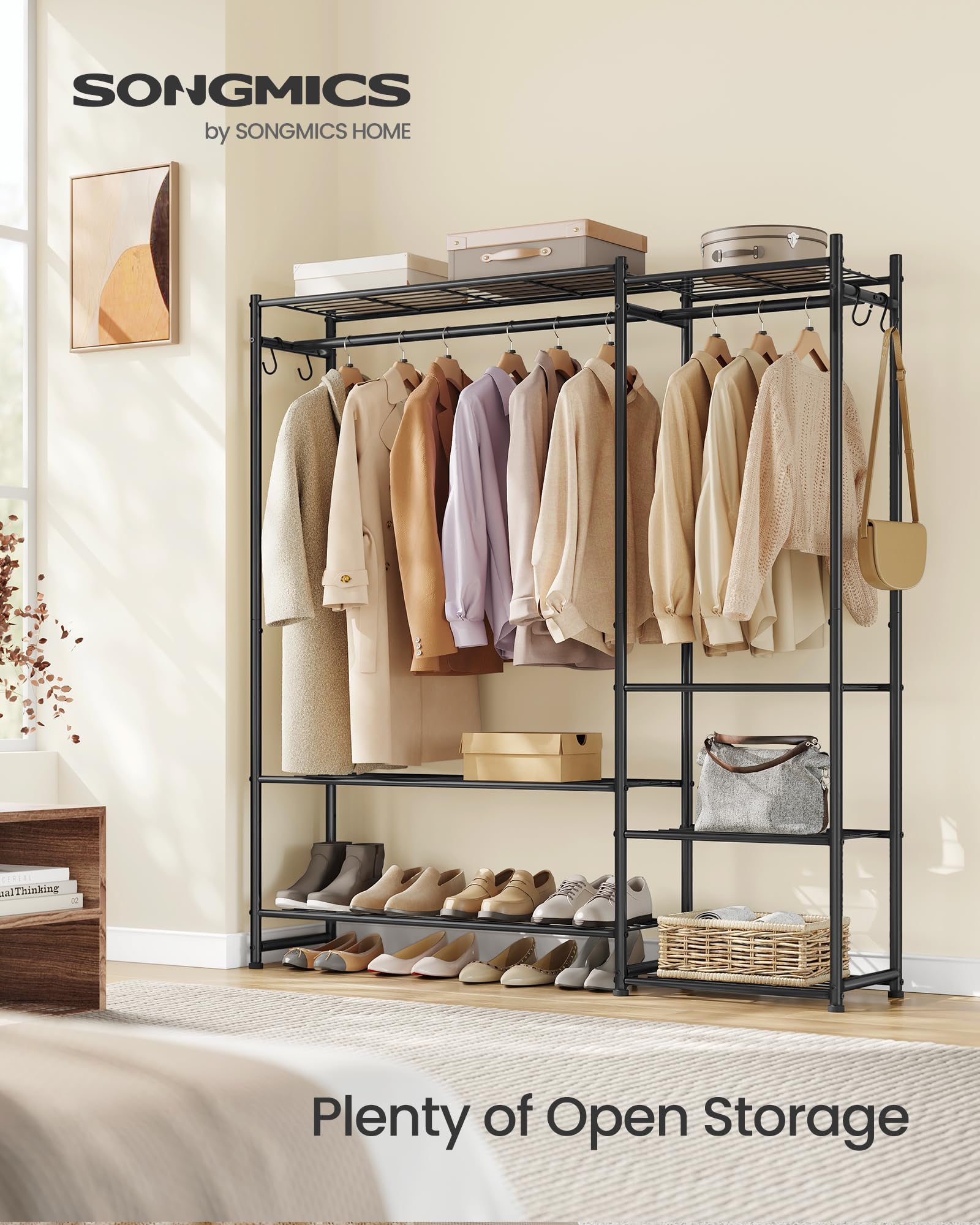 Songmics wardrobe open shelves and double hanging rods for organized outfits