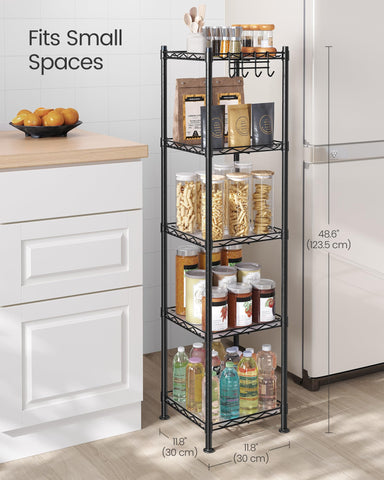 SONGMICS powder-coated steel frame highlights durable, rust-resistant storage.