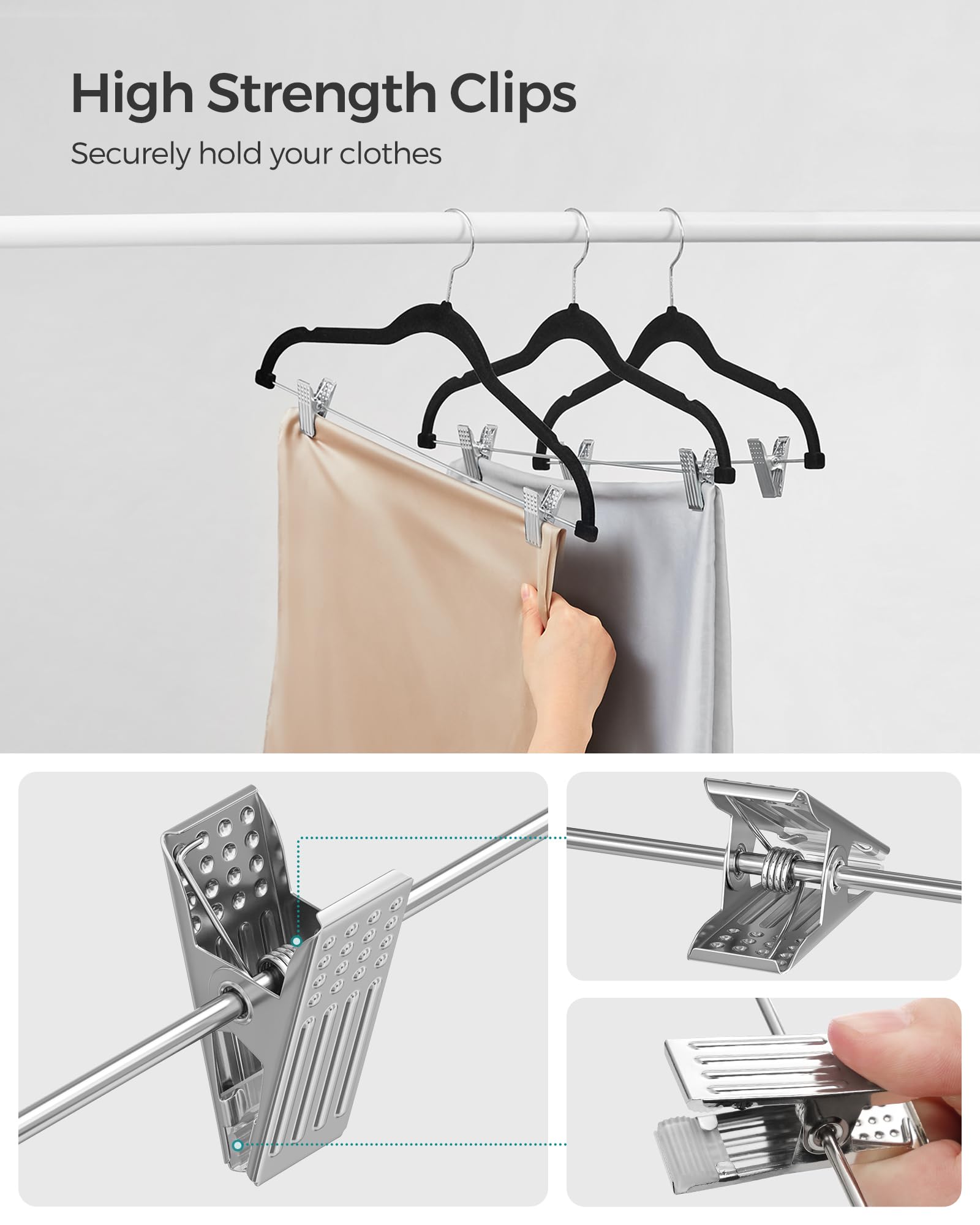 PVC end grips reduce clip marks on fabrics with SONGMICS hangers.