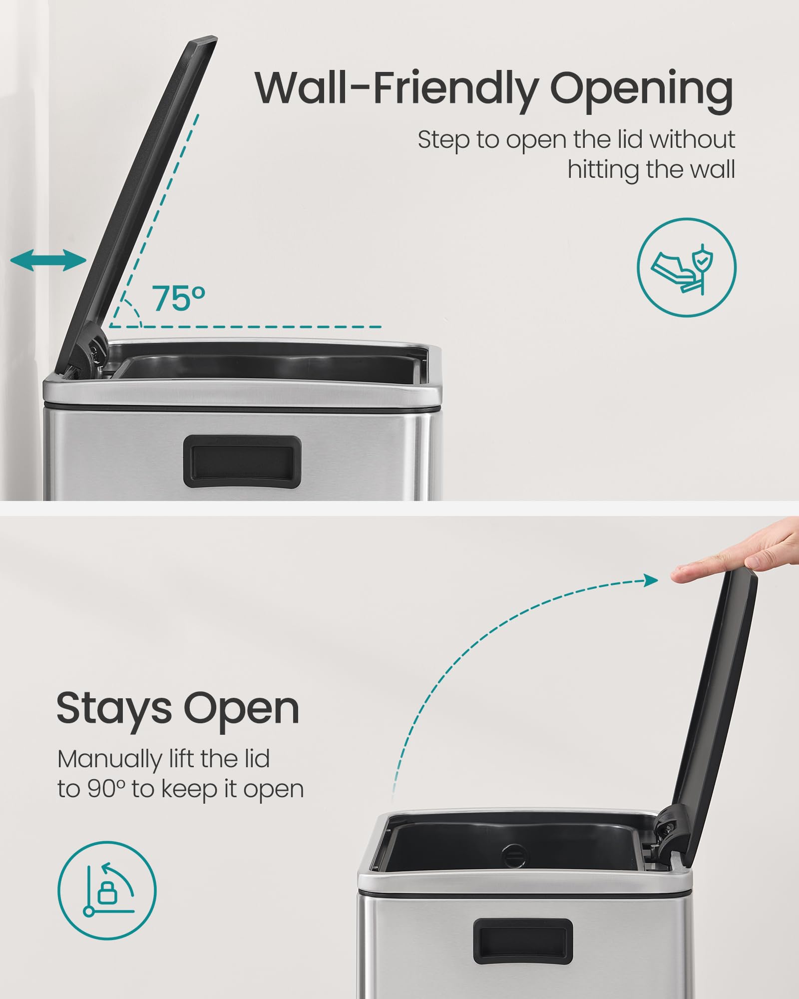 SONGMICS removable inner bucket with side handles for easy emptying