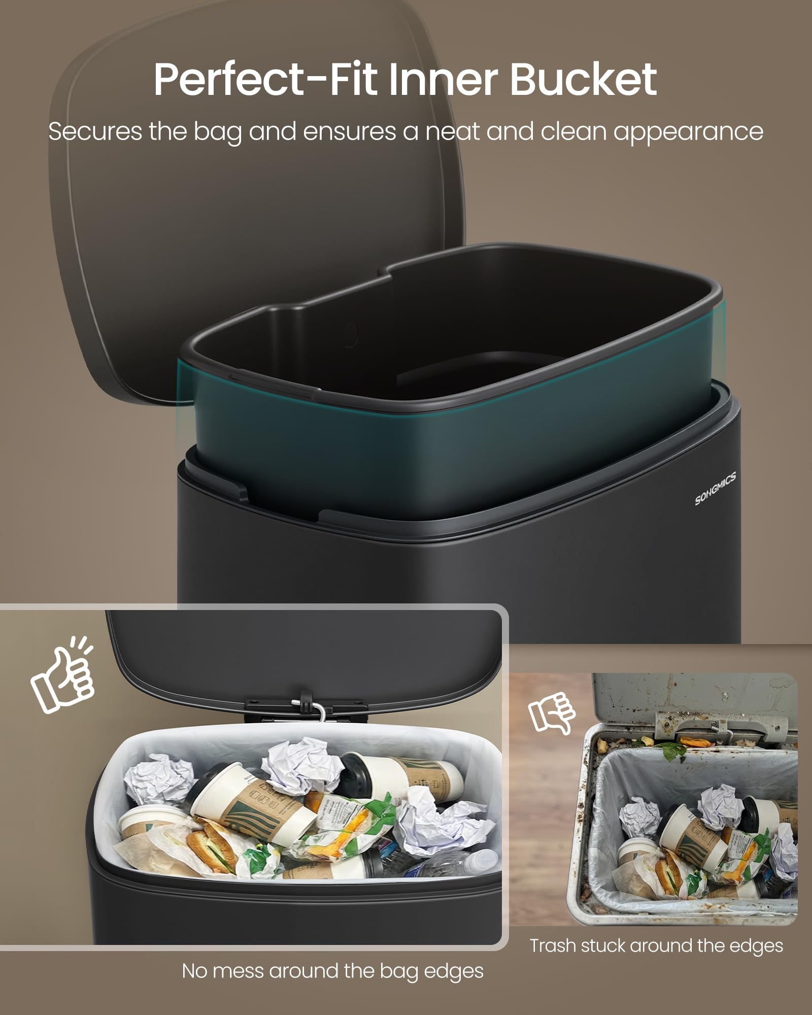 SONGMICS removable inner bucket simplifies bag changes and liner maintenance.