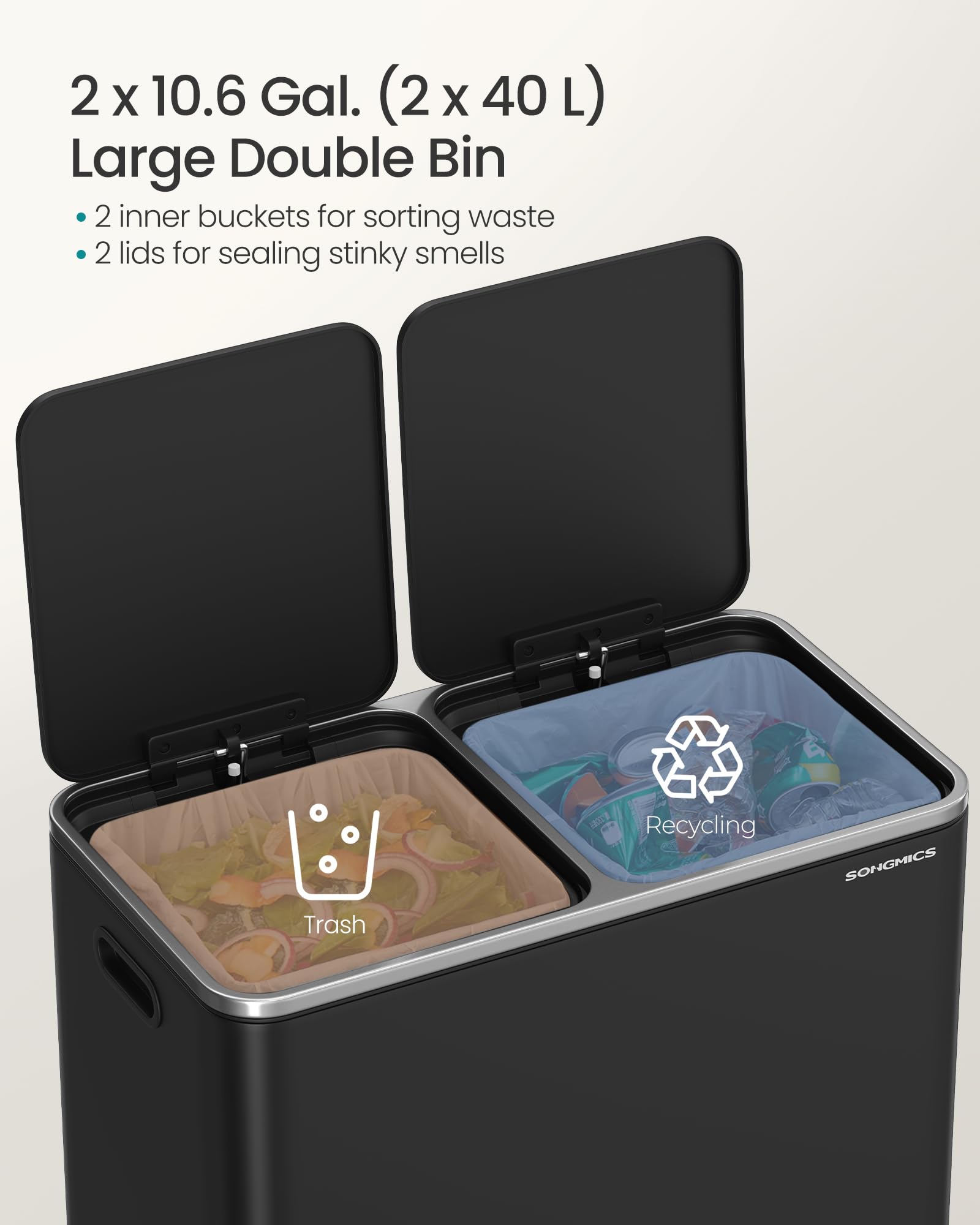SONGMICS removable inner buckets with handles for quick cleaning