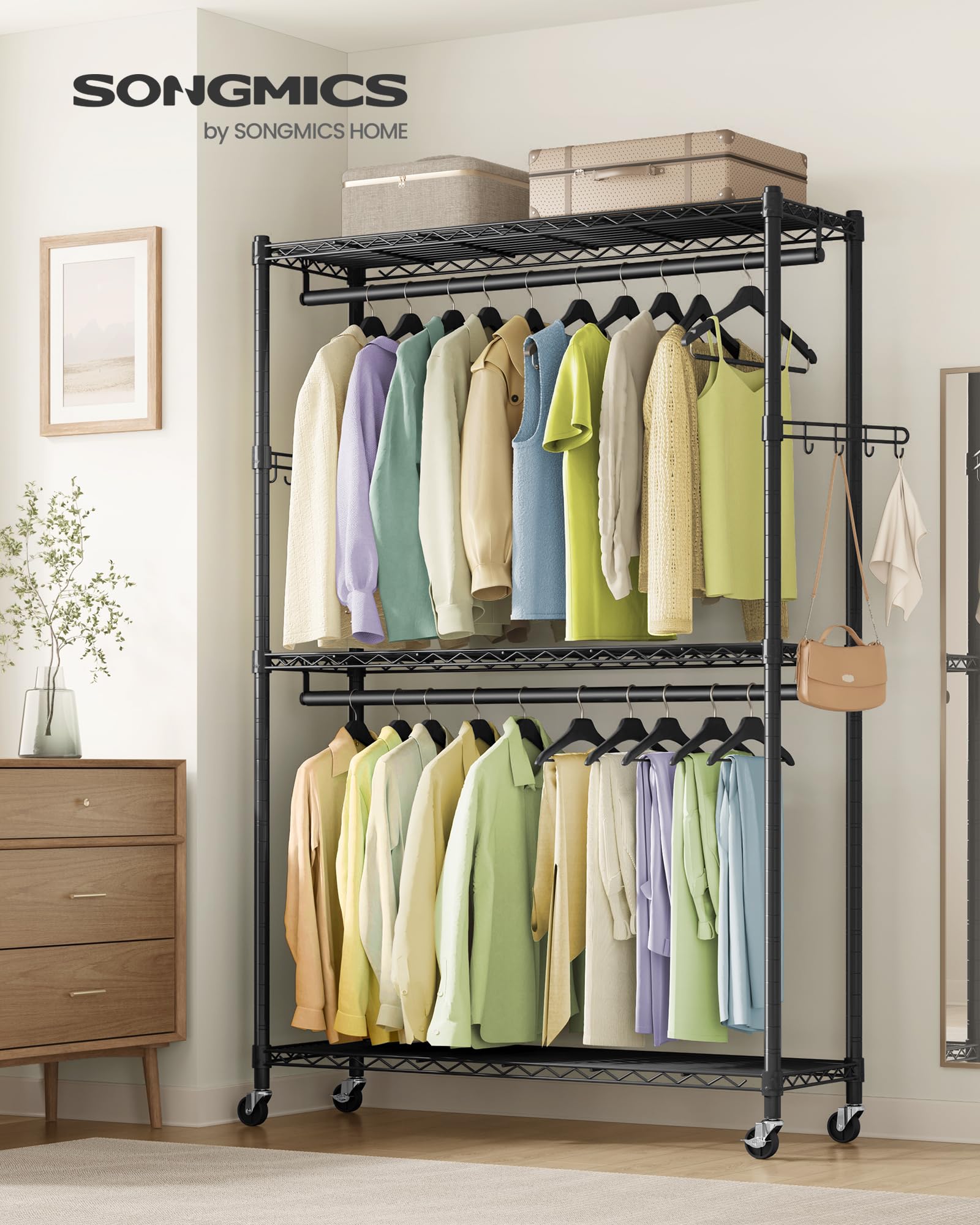 SONGMICS closet on wheels with brakes engaged, secure positioning in tight spaces