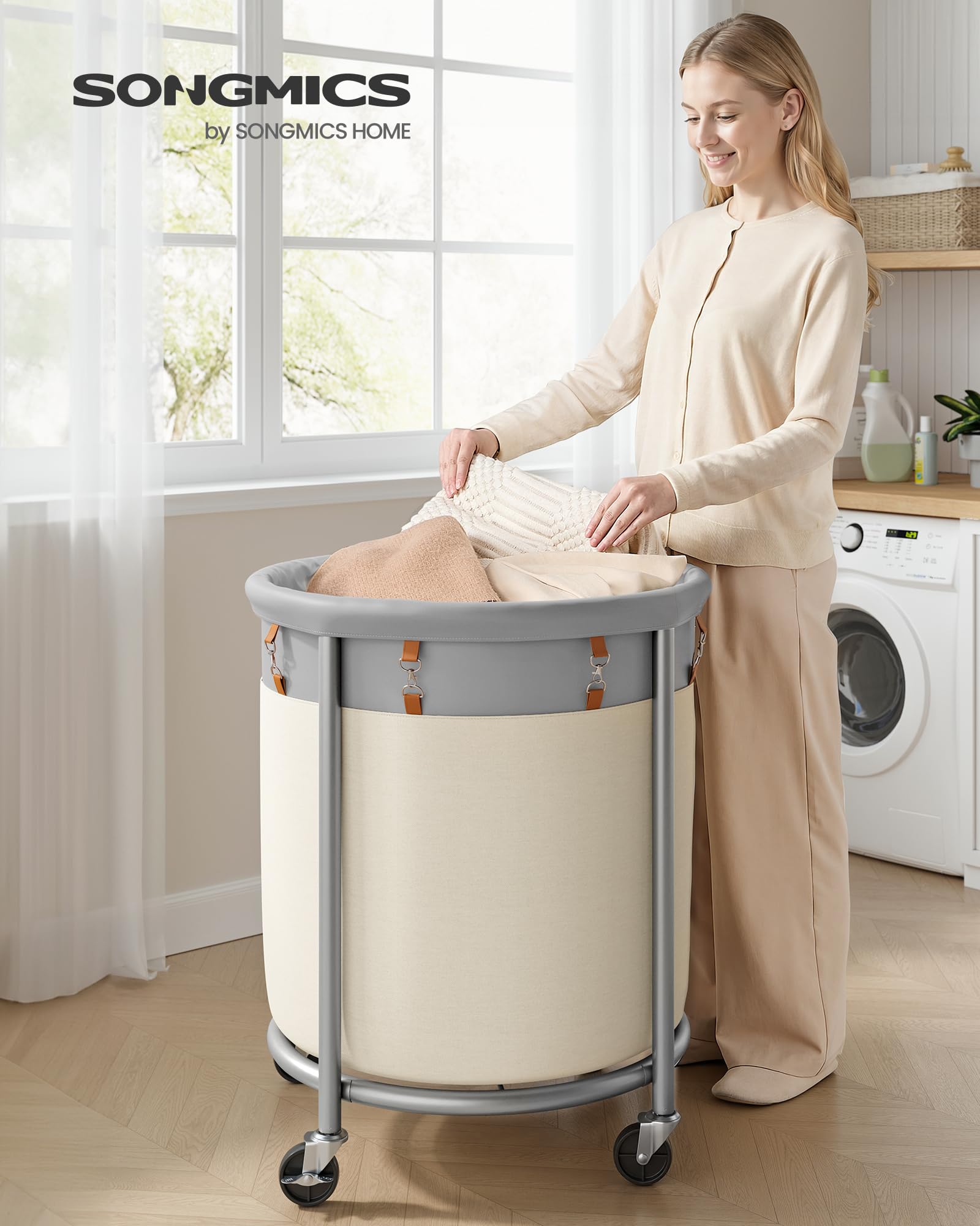 SONGMICS rolling laundry cart with steel frame for sturdy daily use.