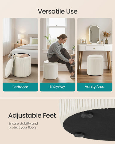 SONGMICS cream-white storage ottomans add warmth and tidy organization.