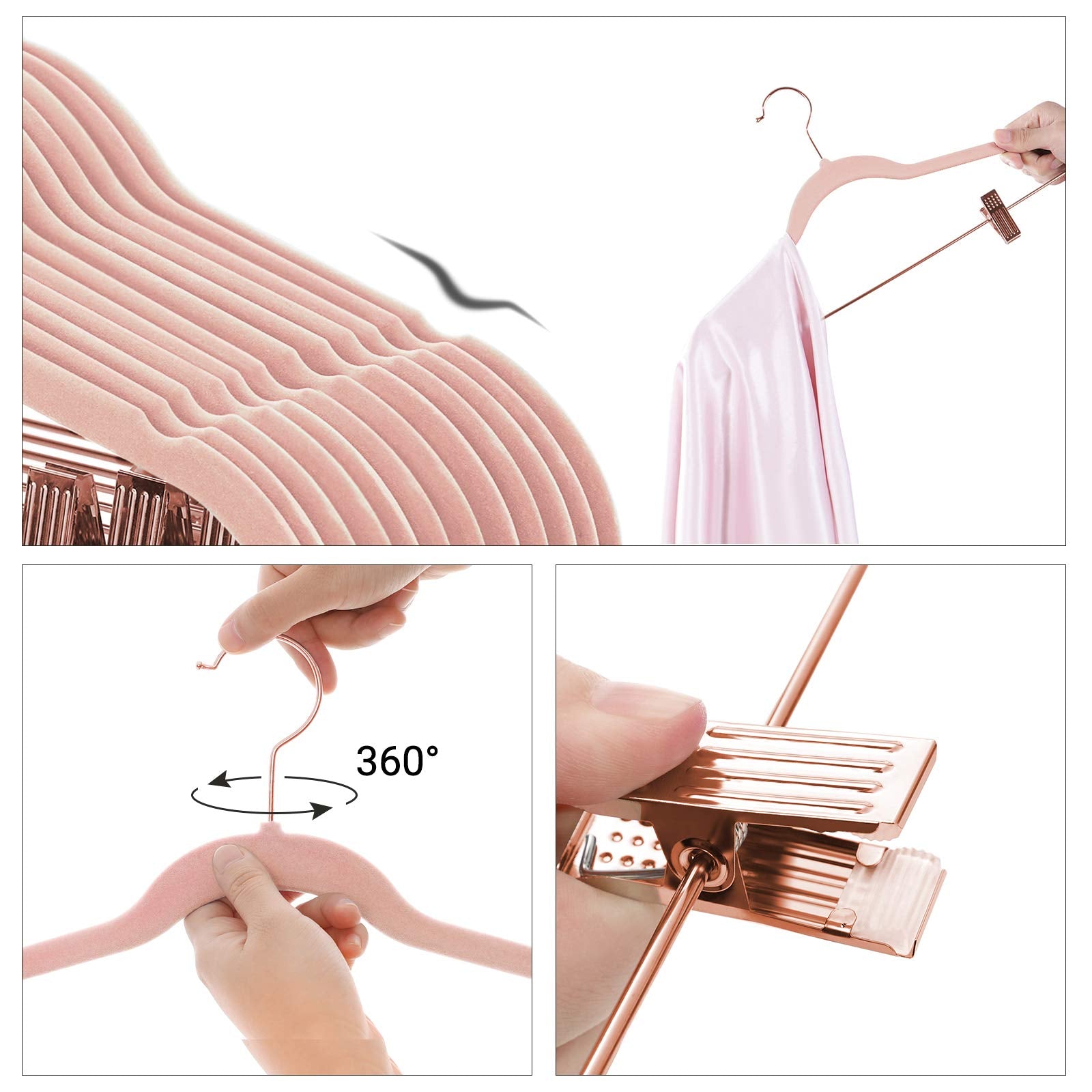 SONGMICS rose-gold hook hangers with 360-degree swivels for easy access.