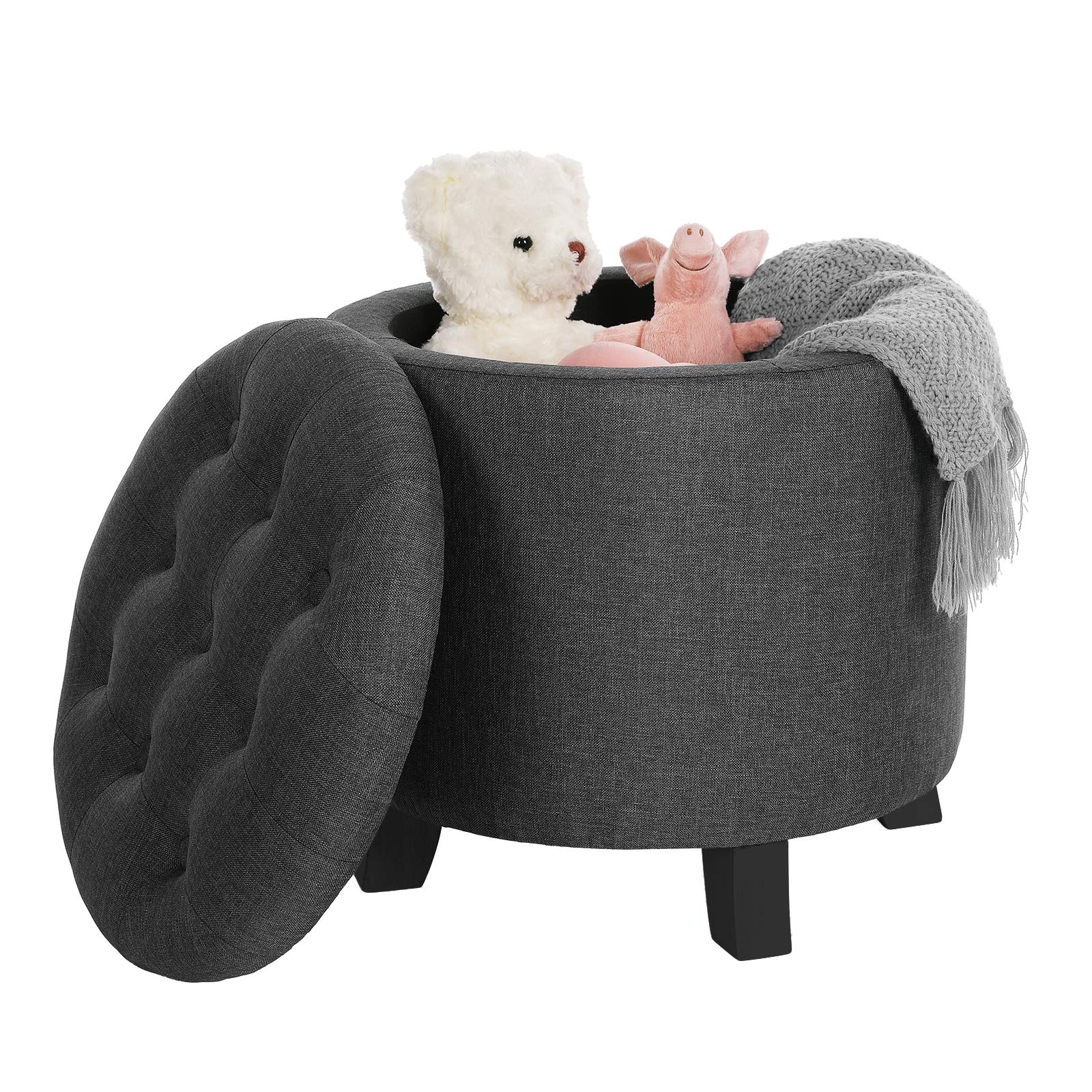 Inside view of SONGMICS round ottoman storage for blankets and toys