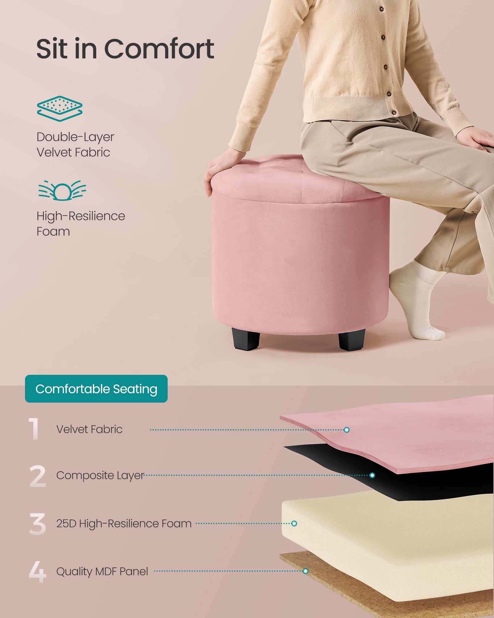 SongMICS round ottoman versatile for storage, footrest, and seating.