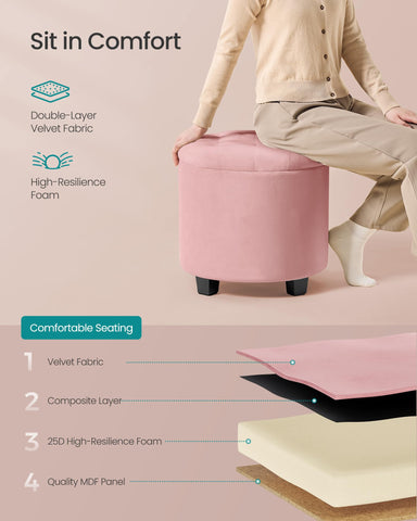 SongMICS round ottoman versatile for storage, footrest, and seating.