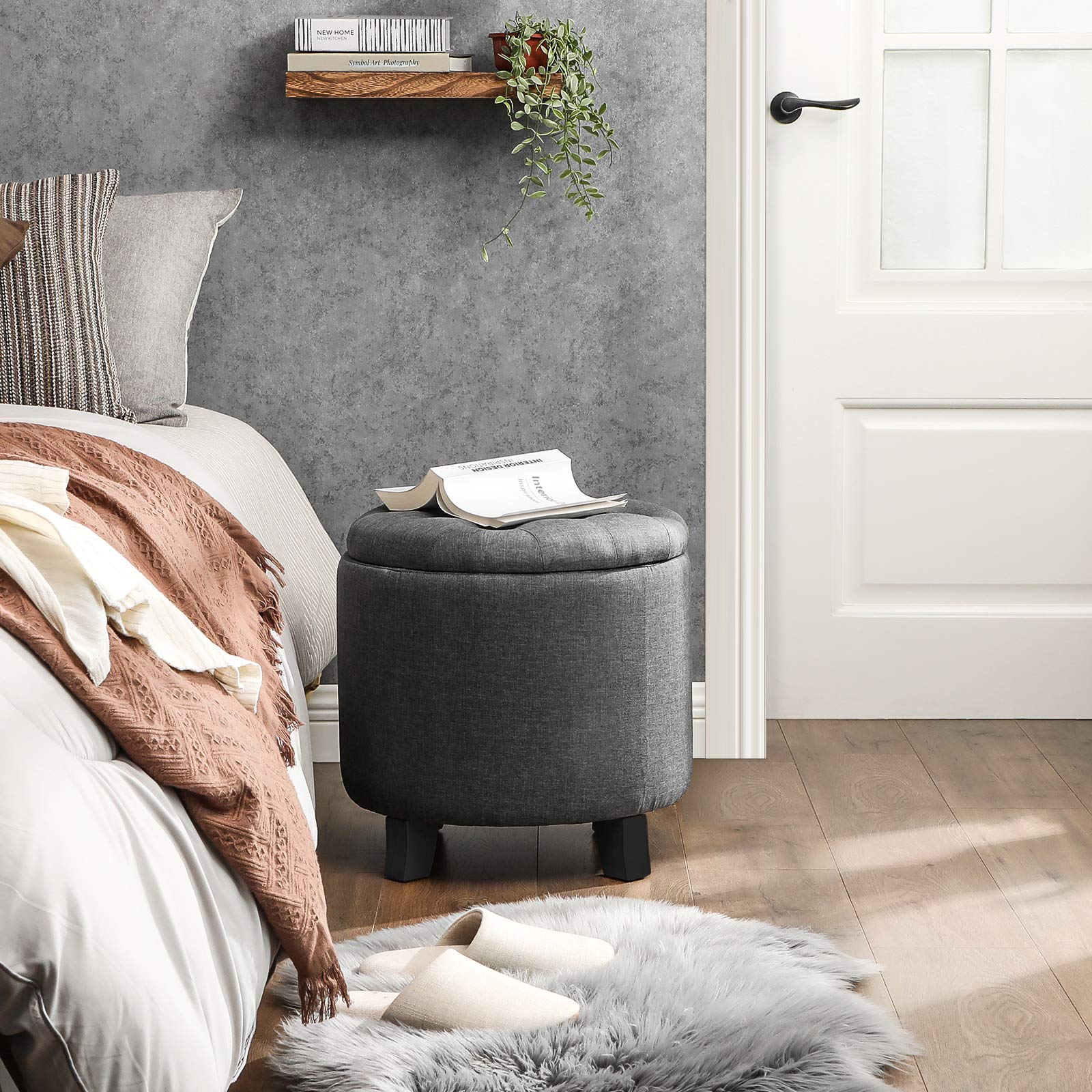 SONGMICS round ottoman showing solid wood legs for sturdy support
