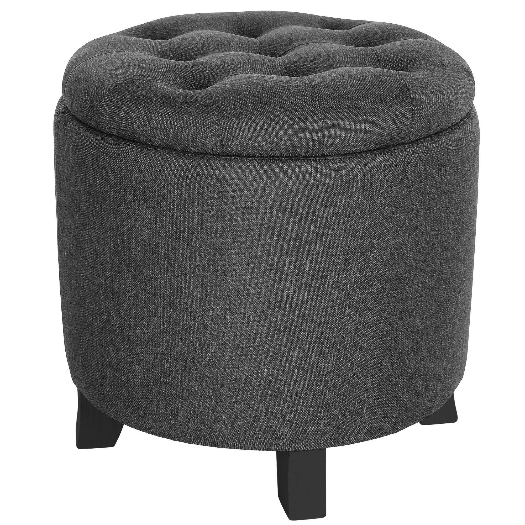 SONGMICS round ottoman with hidden storage lid open, cozy blankets inside
