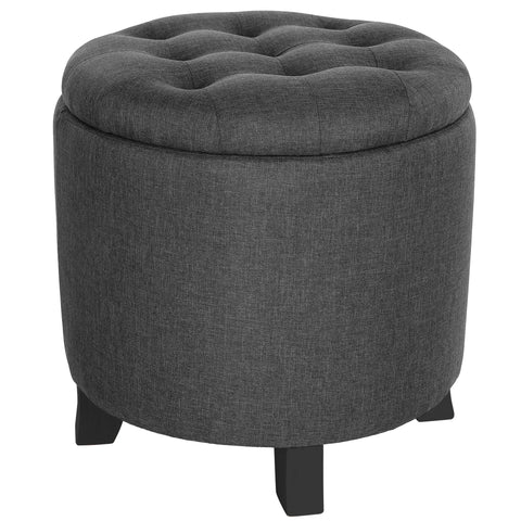 SONGMICS round ottoman with hidden storage lid open, cozy blankets inside