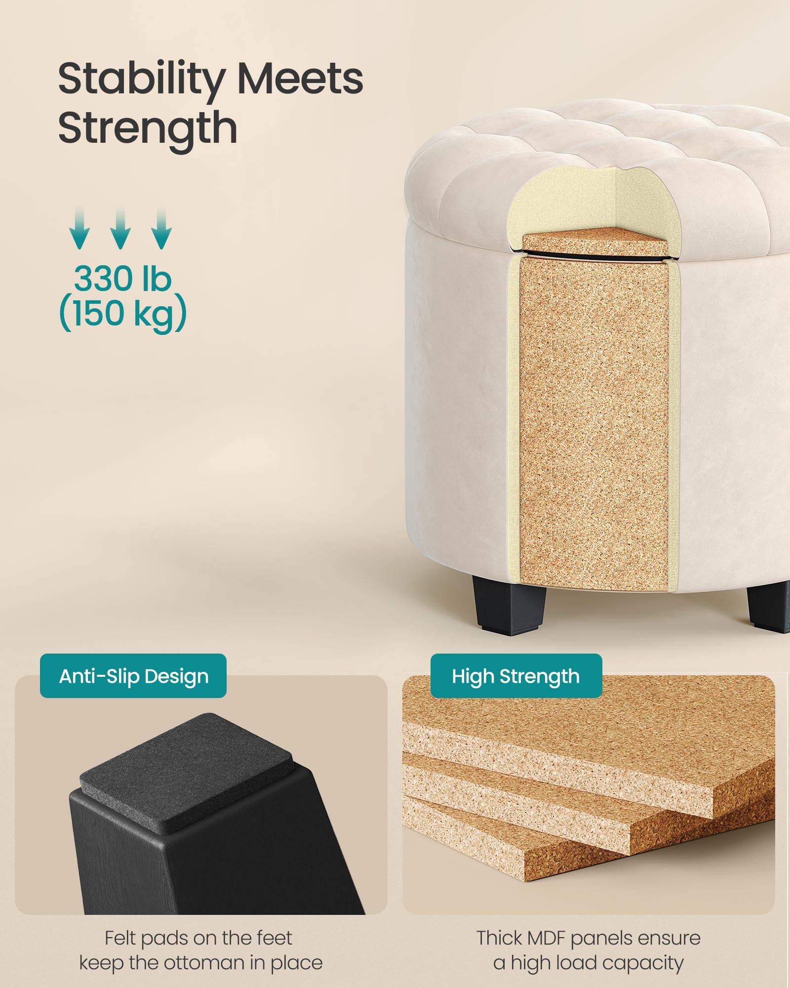 SONGMICS round ottoman fits living rooms, bedrooms, and entryways.