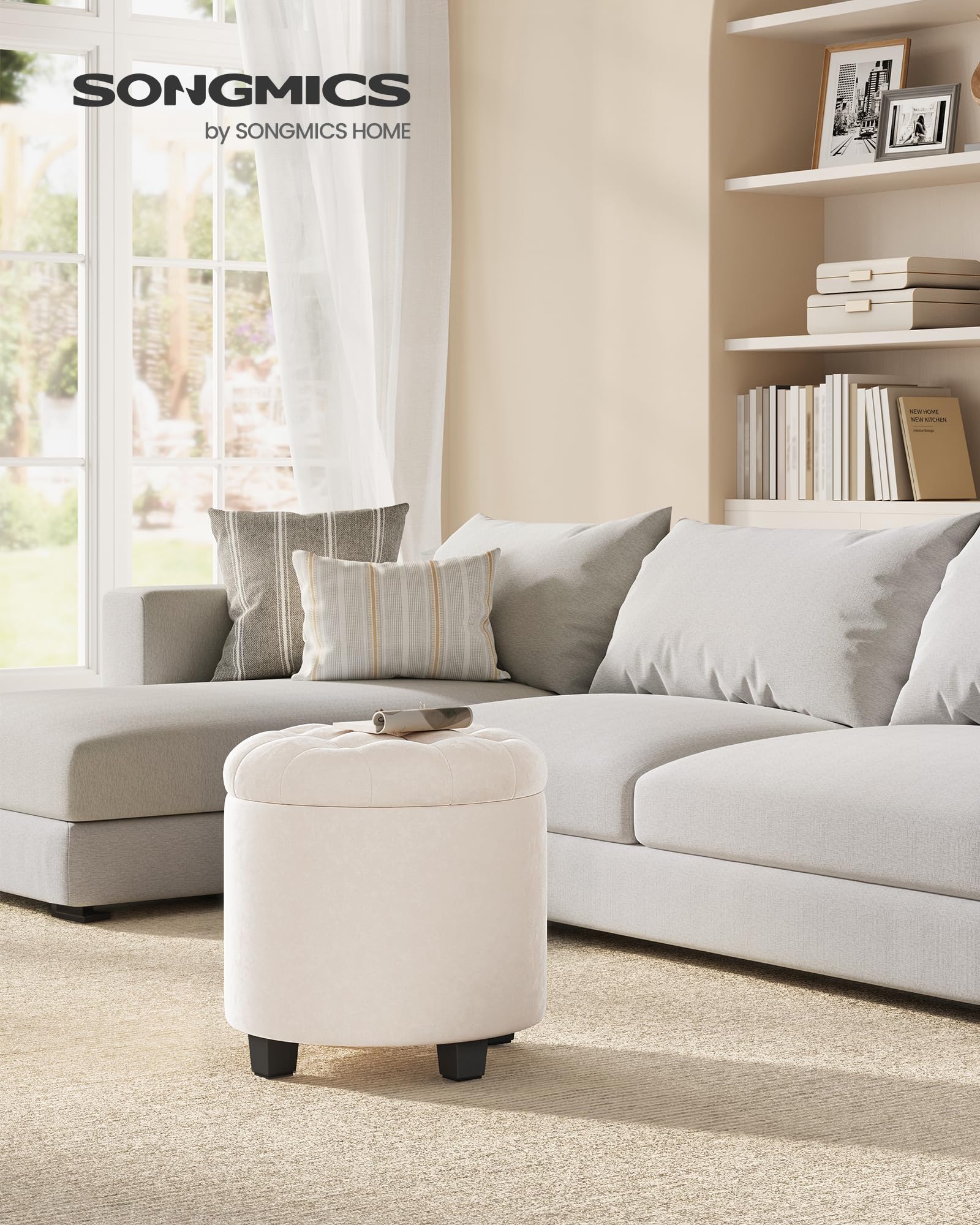 SONGMICS round ottoman storage lid open reveals 11.2 gallons of space.