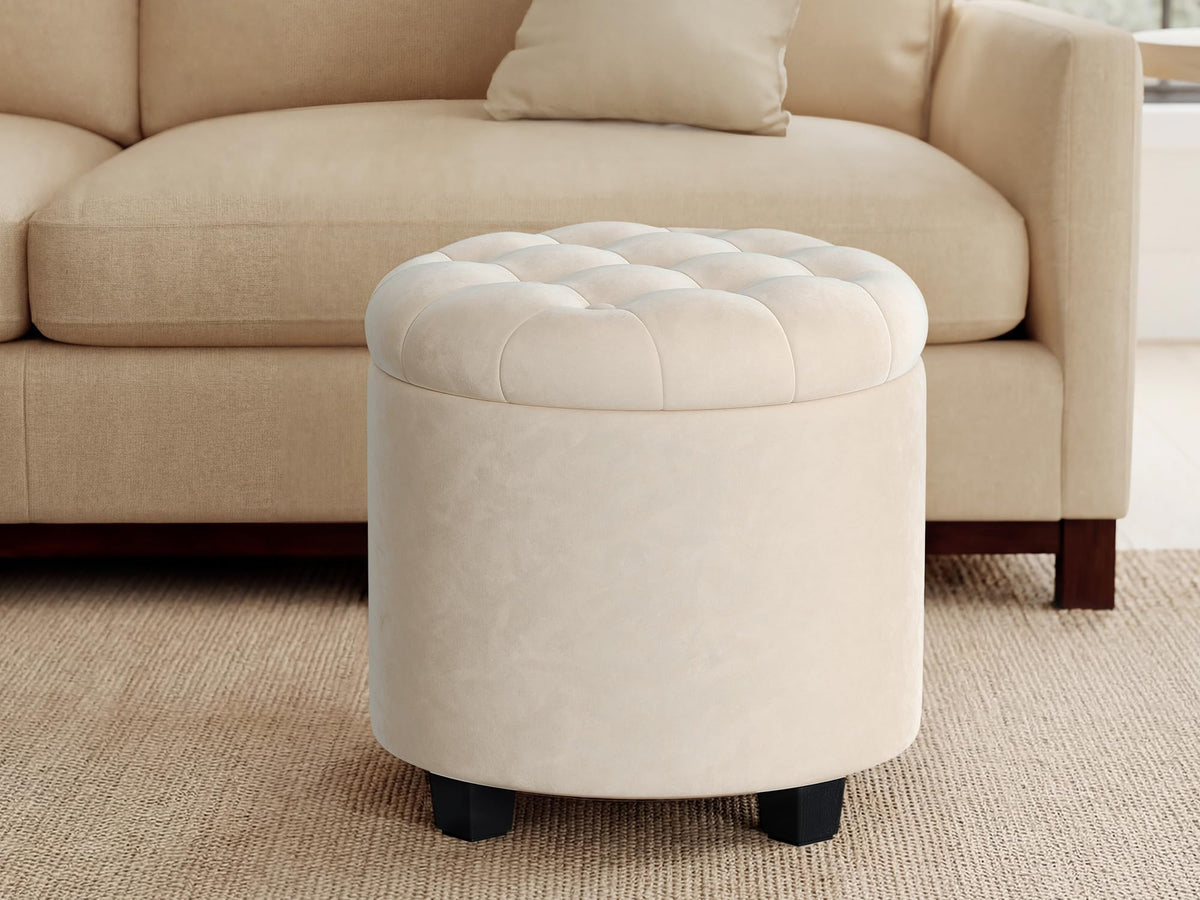 SONGMICS round ottoman cream white with tufted velvet for stylish seating.