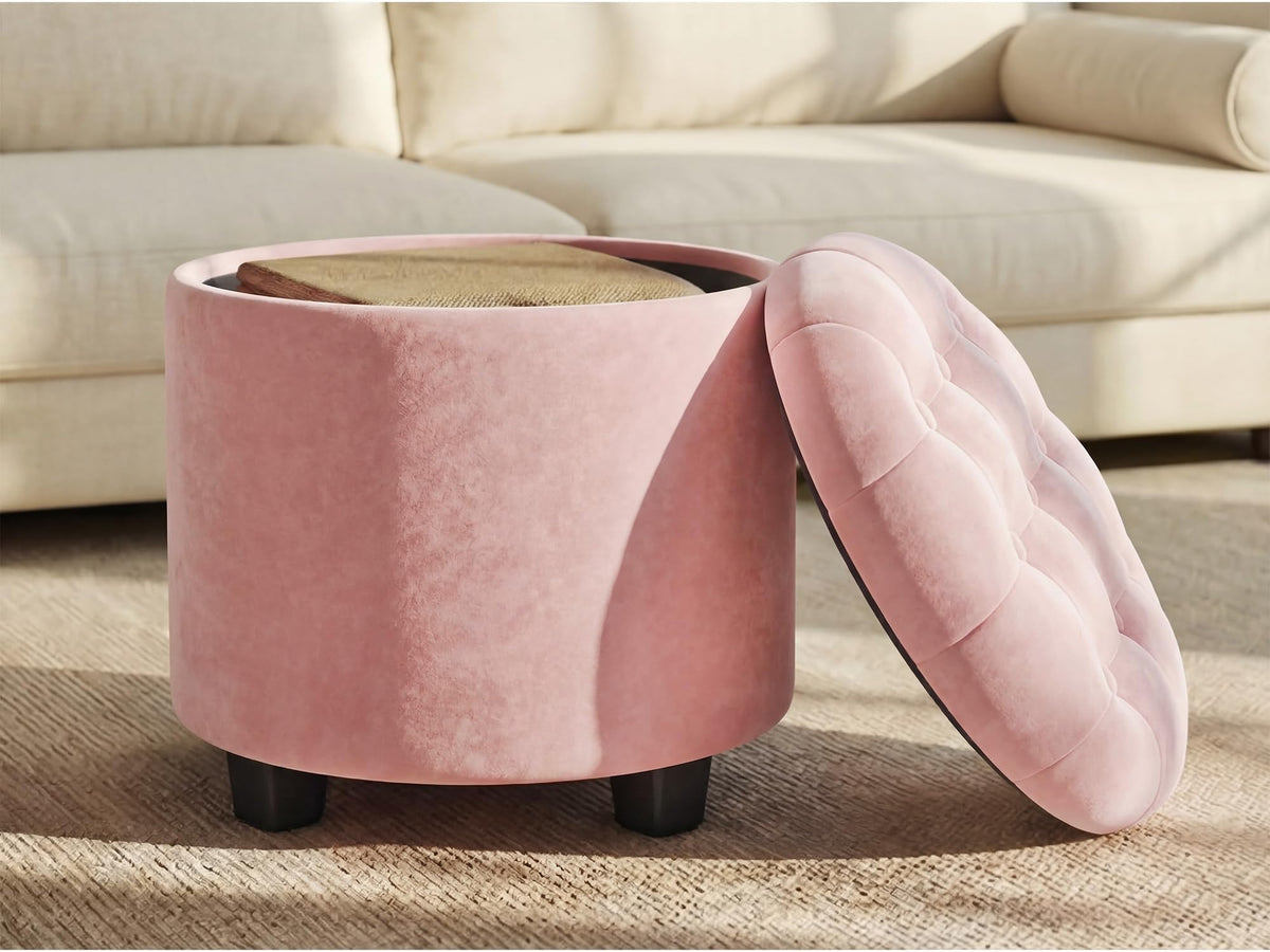 SongMICS round ottoman with pink velvet storage for tidy spaces.