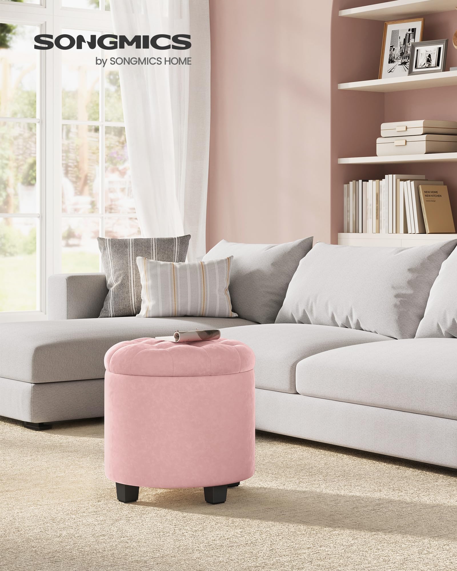 SongMICS round ottoman tufted velvet pink adds plush seating.