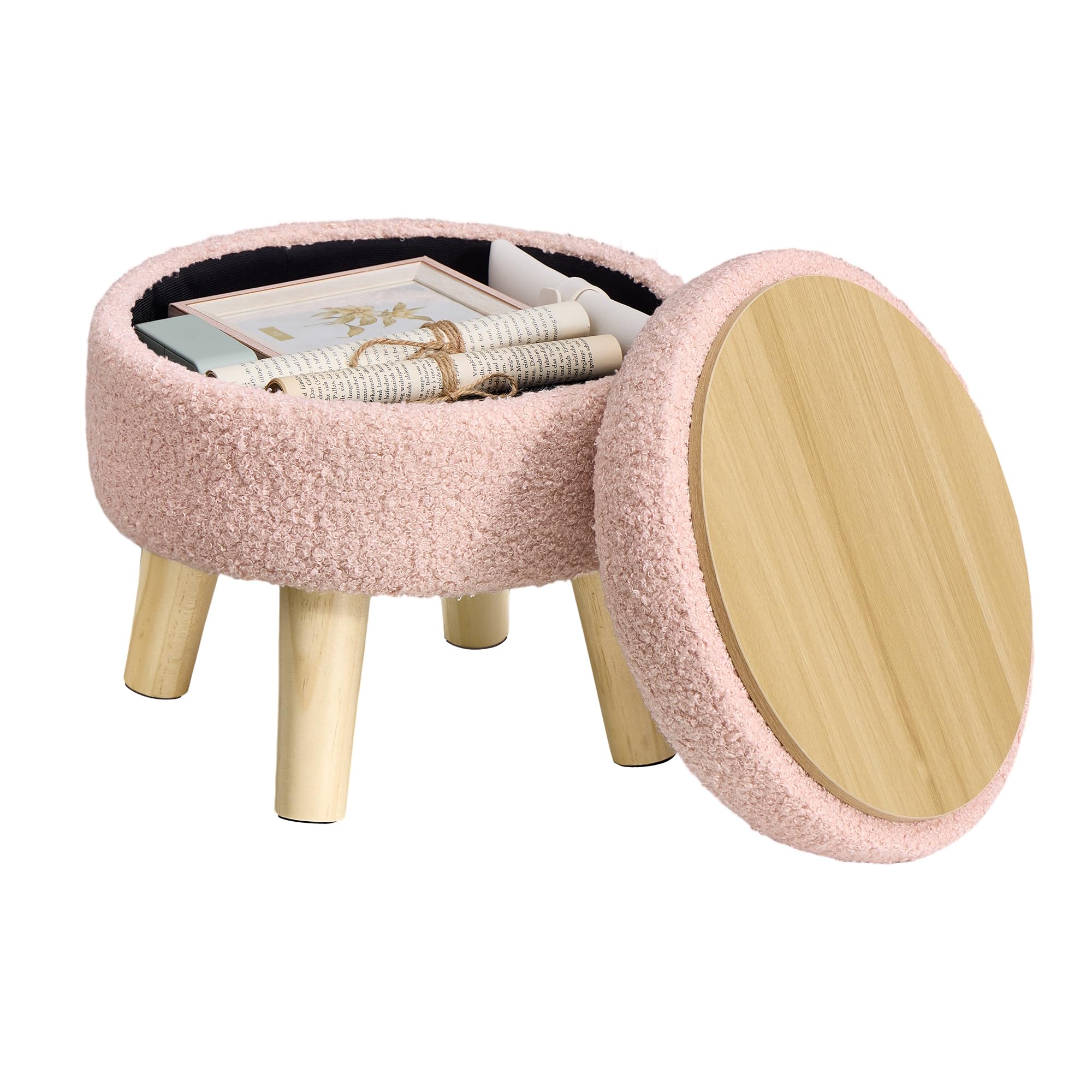SONGMICS round storage ottoman jelly pink, 12.2 inch diameter, ideal as a compact footstool.