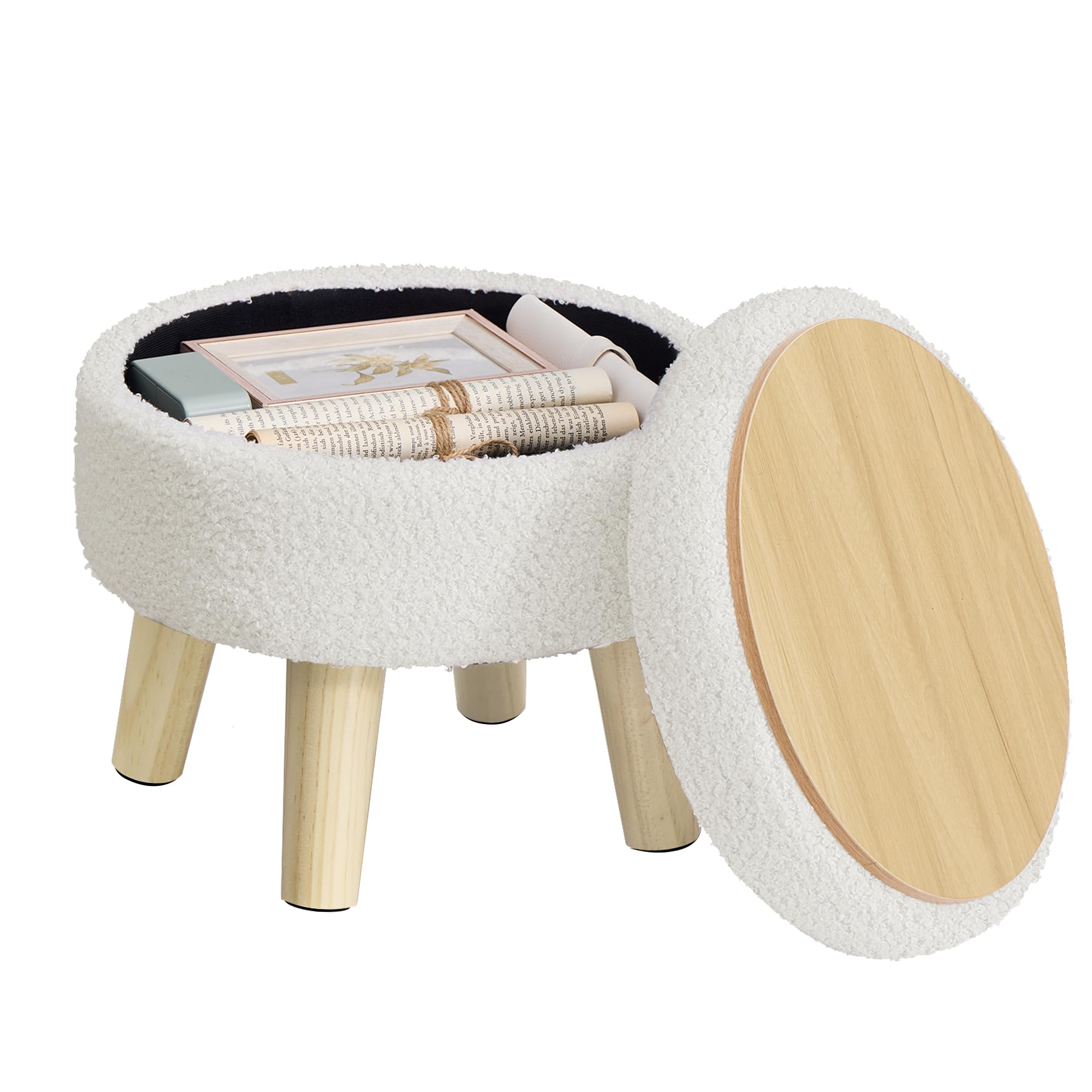 Songmics round storage ottoman with teddy fleece and wood legs provides cozy seating.