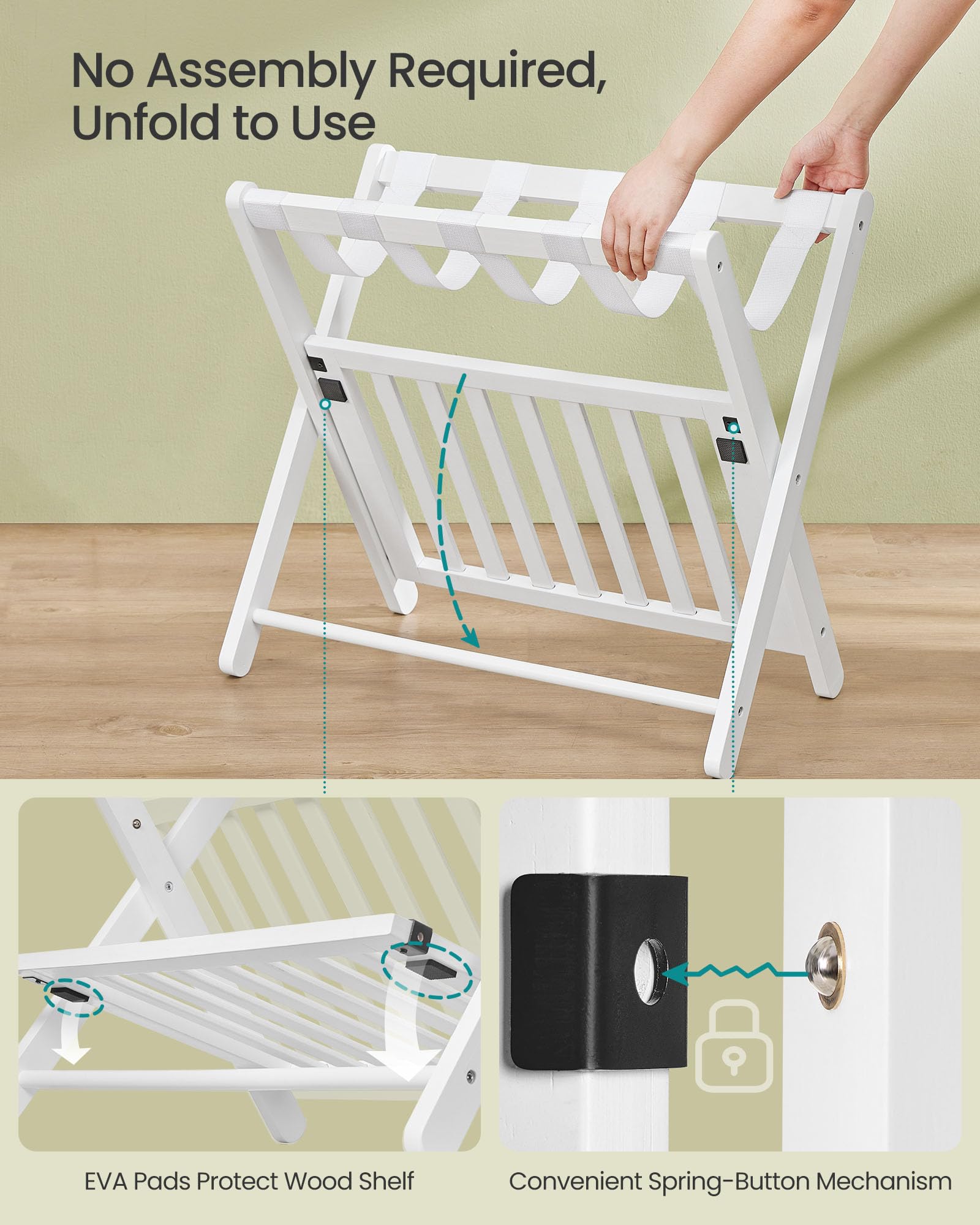 Songmics rubberwood luggage rack with sturdy top and bottom shelves