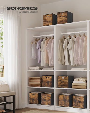 SONGMICS rustic-brown and ink-black boxes add vintage charm to shelves.