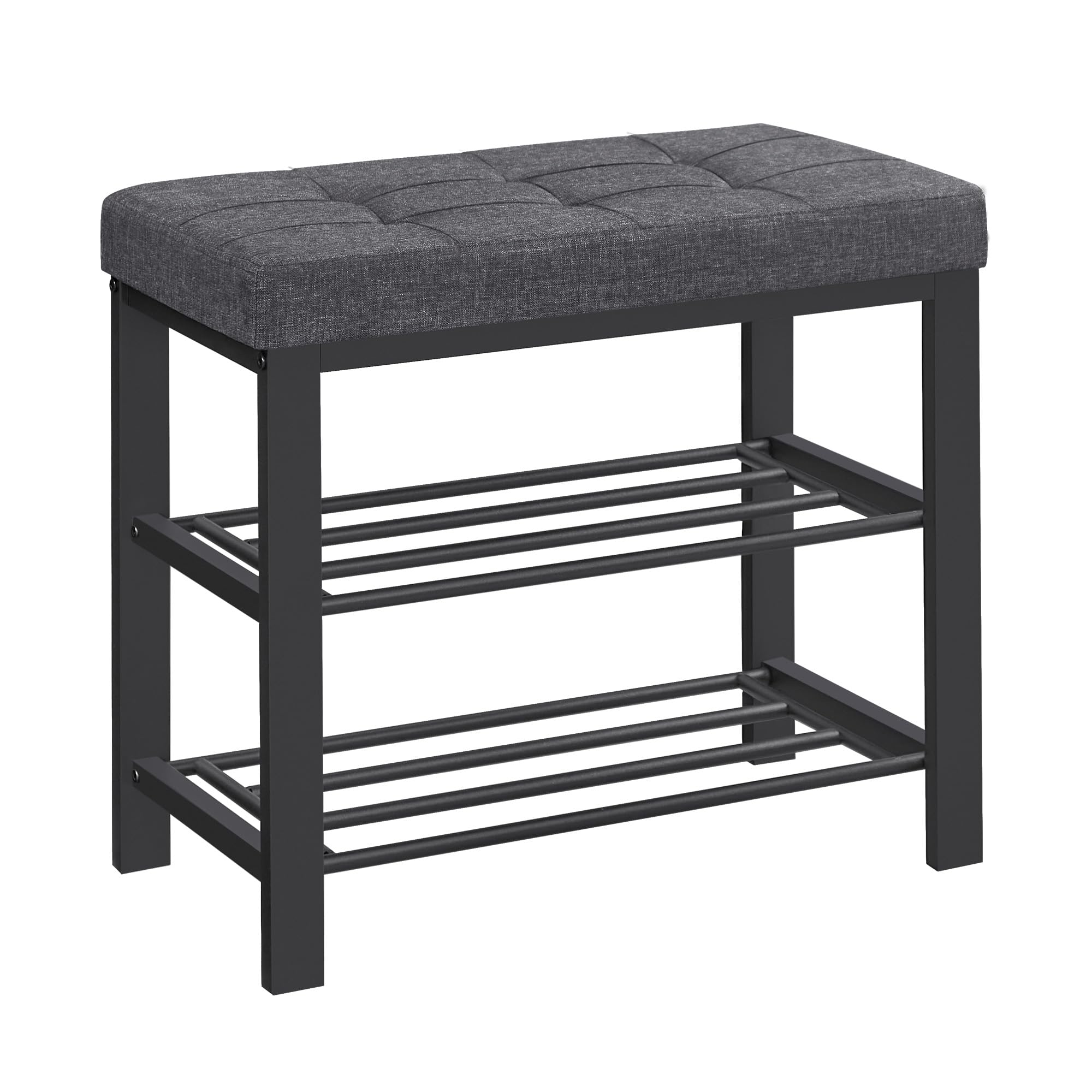 SONGMICS shoe bench with cushion offers comfortable seating while organizing footwear.