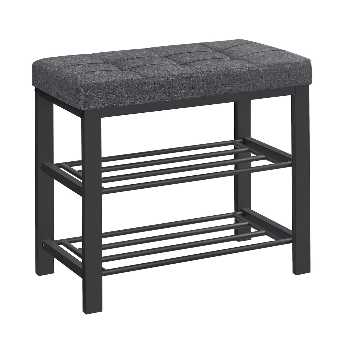 SONGMICS shoe bench with cushion offers comfortable seating while organizing footwear.