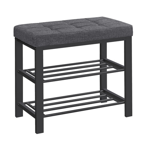 SONGMICS shoe bench with cushion offers comfortable seating while organizing footwear.