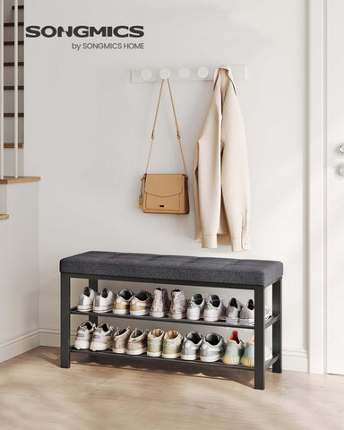 SONGMICS shoe bench side view showing two-tier storage and compact footprint.