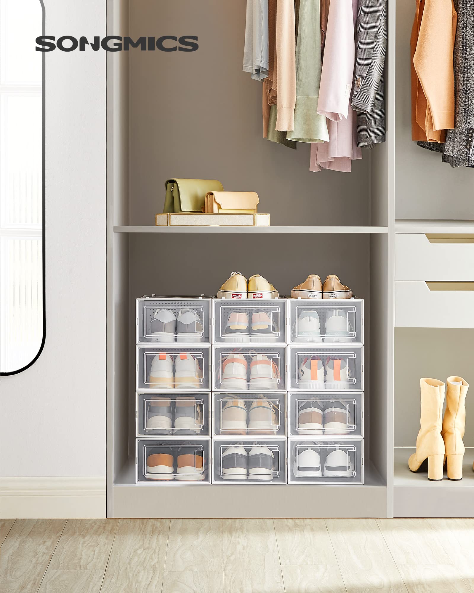 SONGMICS shoe boxes with transparent panels for at-a-glance visibility.