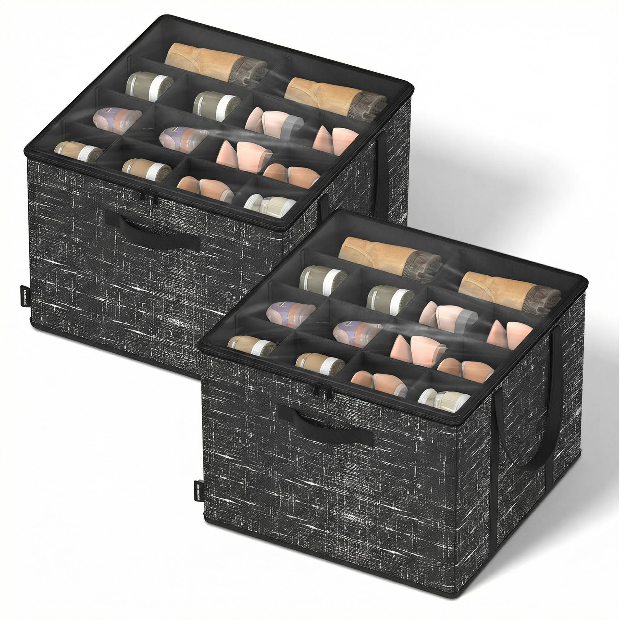 SongMics shoe organizer 2-pack with clear lid showing visible contents and protection