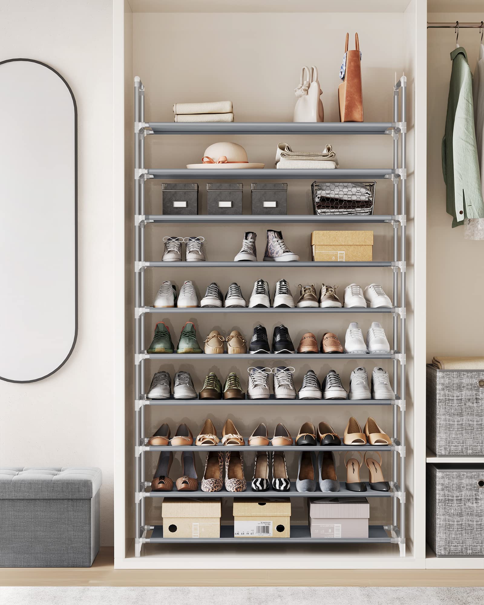 Songmics 10-tier assembly image with tool-free setup for quick organization