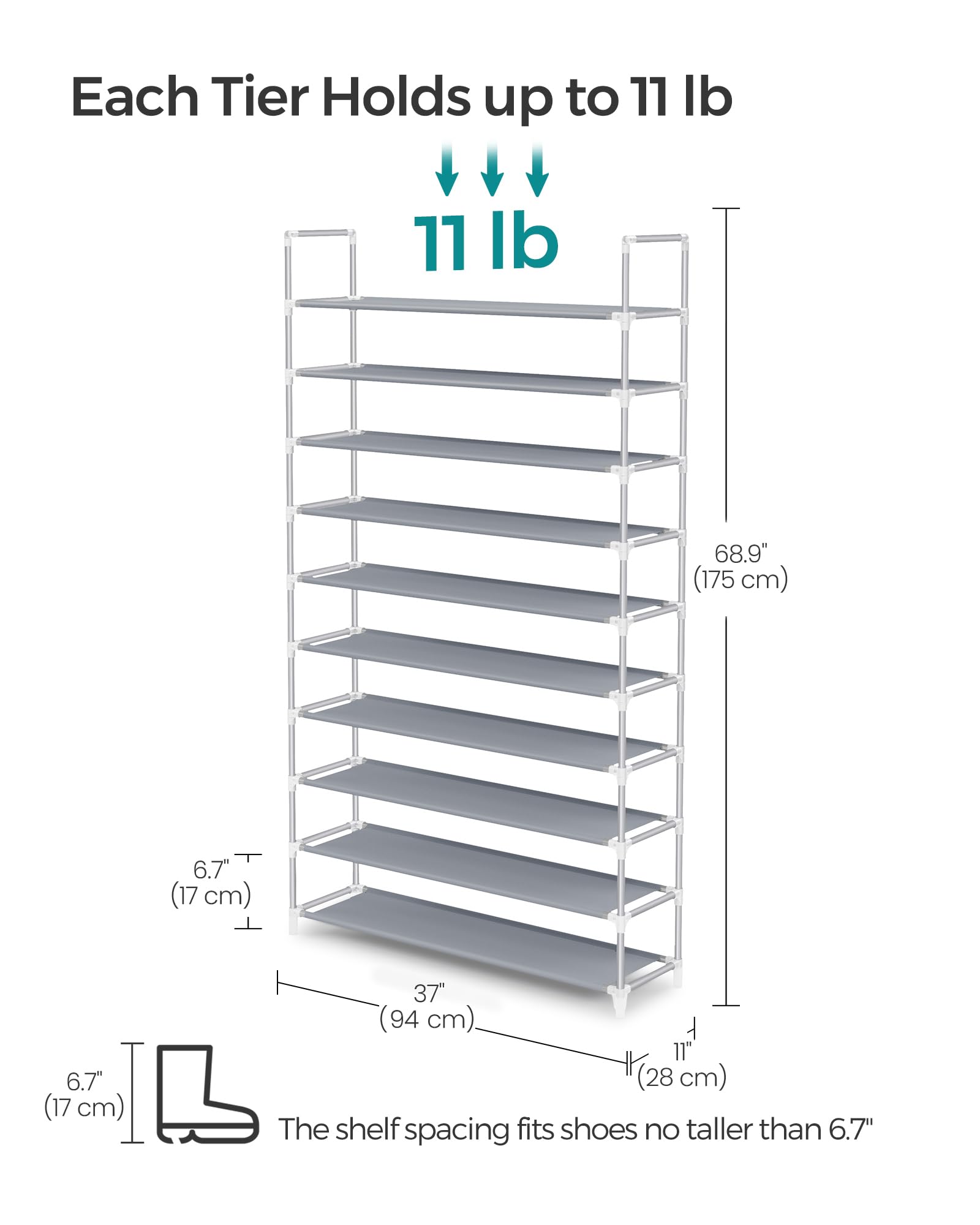 Songmics 10-tier close-up tubes illustrating sturdy metal construction