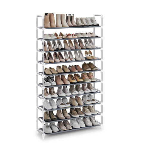 Songmics 10-tier shoe rack front view showing spacious storage for sneakers and heels
