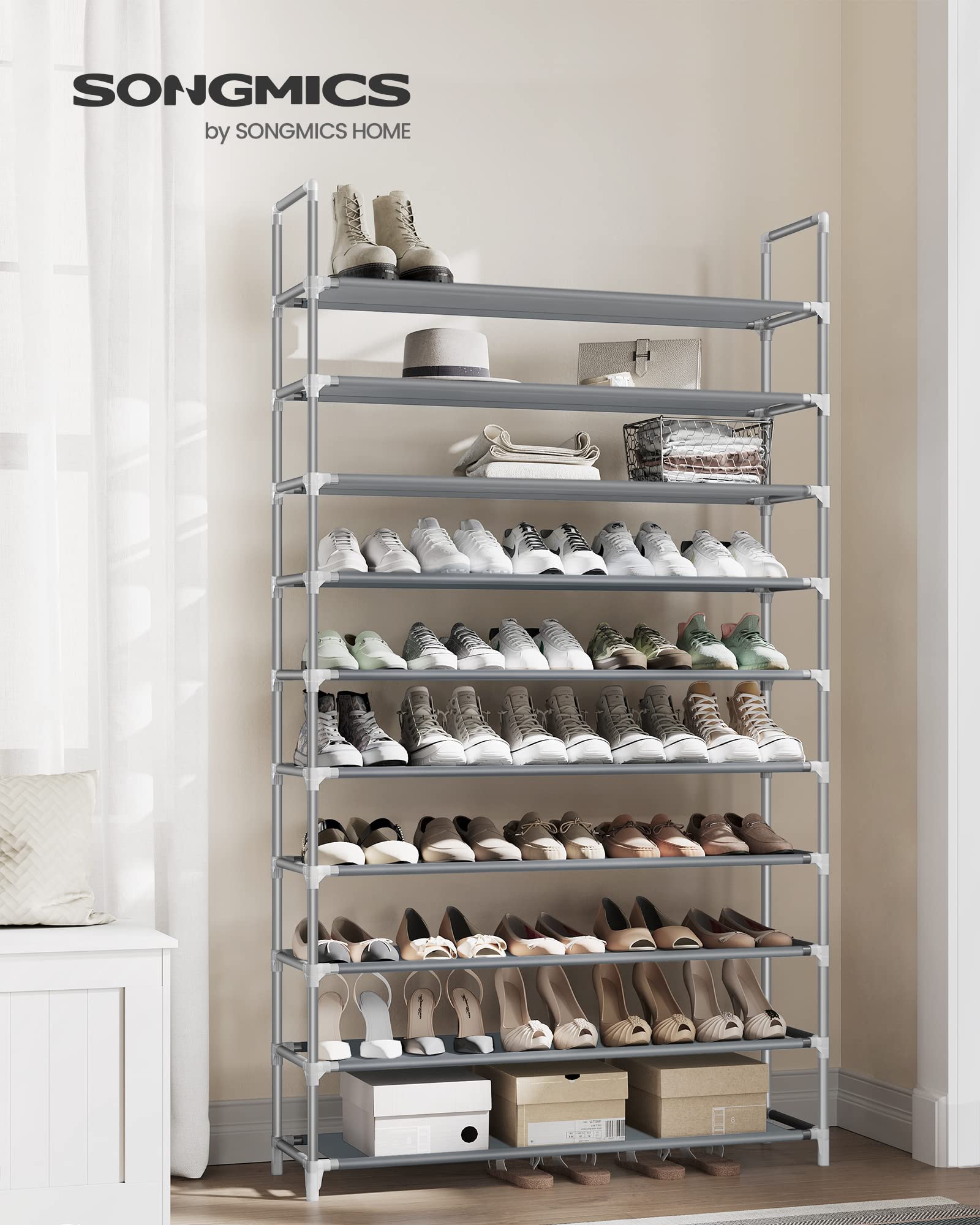Songmics 10-tier shoe rack side view highlighting vertical space efficiency