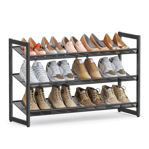 SONGMICS 3-tier shoe rack in ink black, front view, ideal for organized footwear.