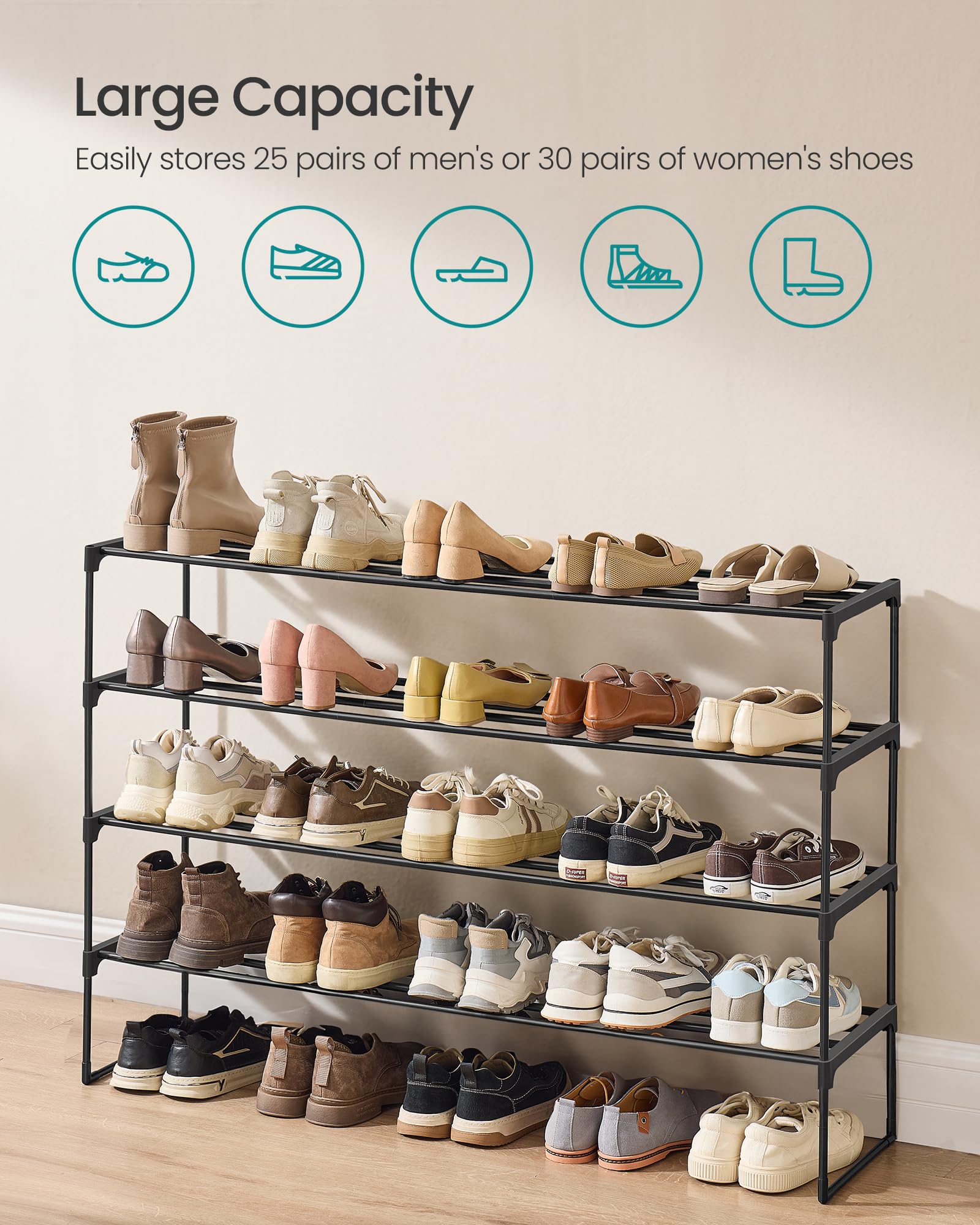 SONGMICS 4-Tier durable tubes provide reliable shoe storage