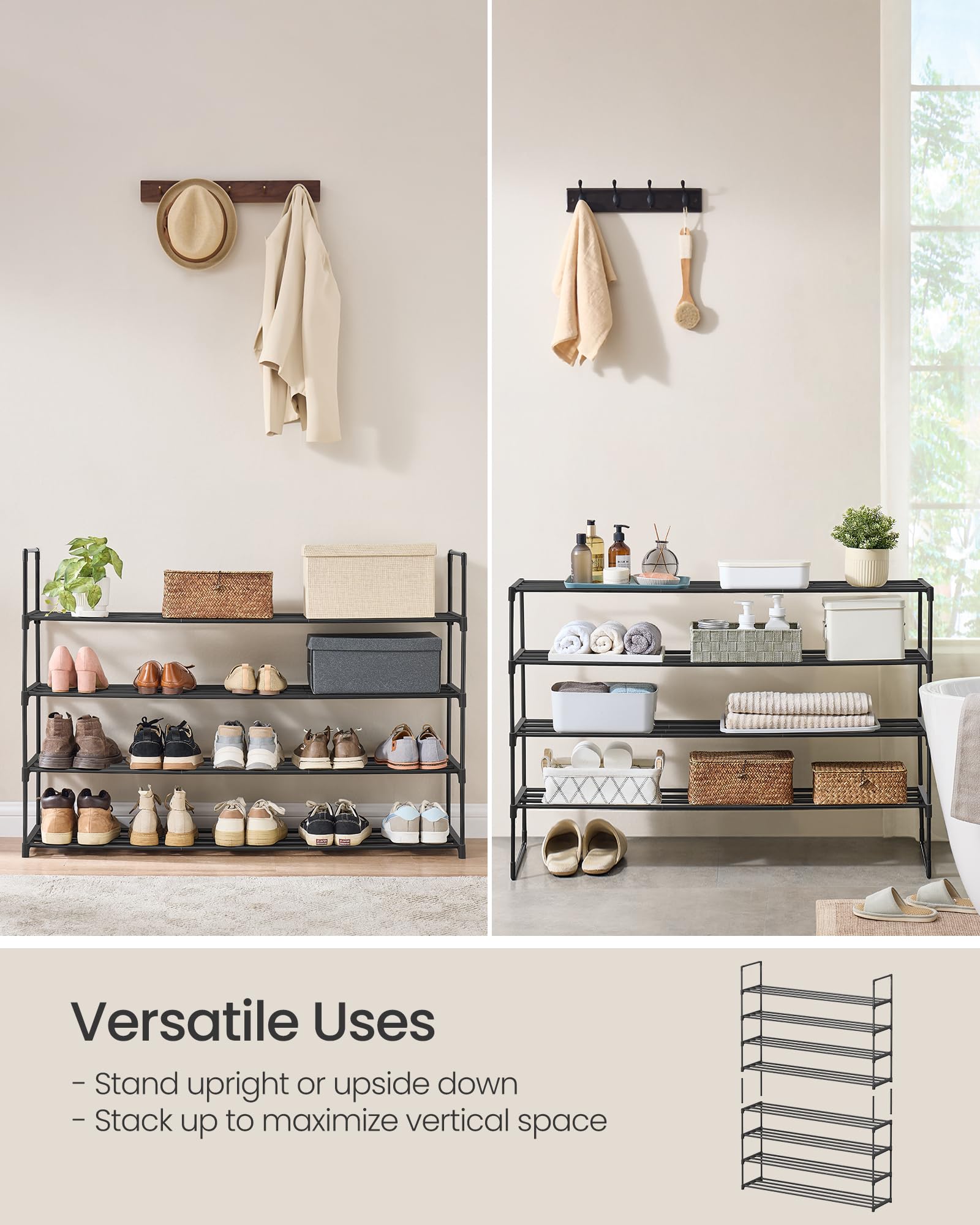 SONGMICS 4-Tier upside-down setup illustrating extra under-shelf space
