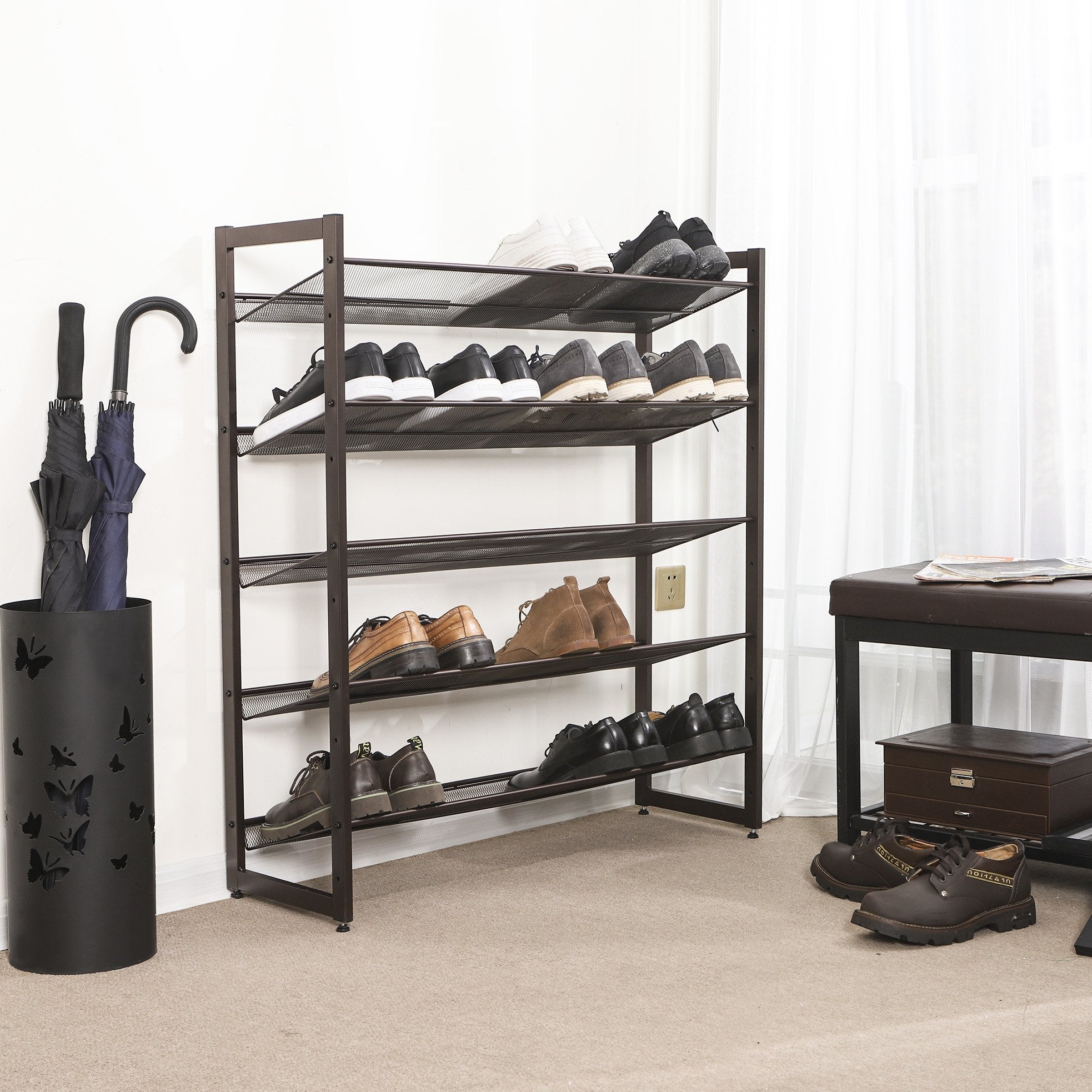 SONGMICS 5-tier rack with angled shelves to simplify shoe retrieval.