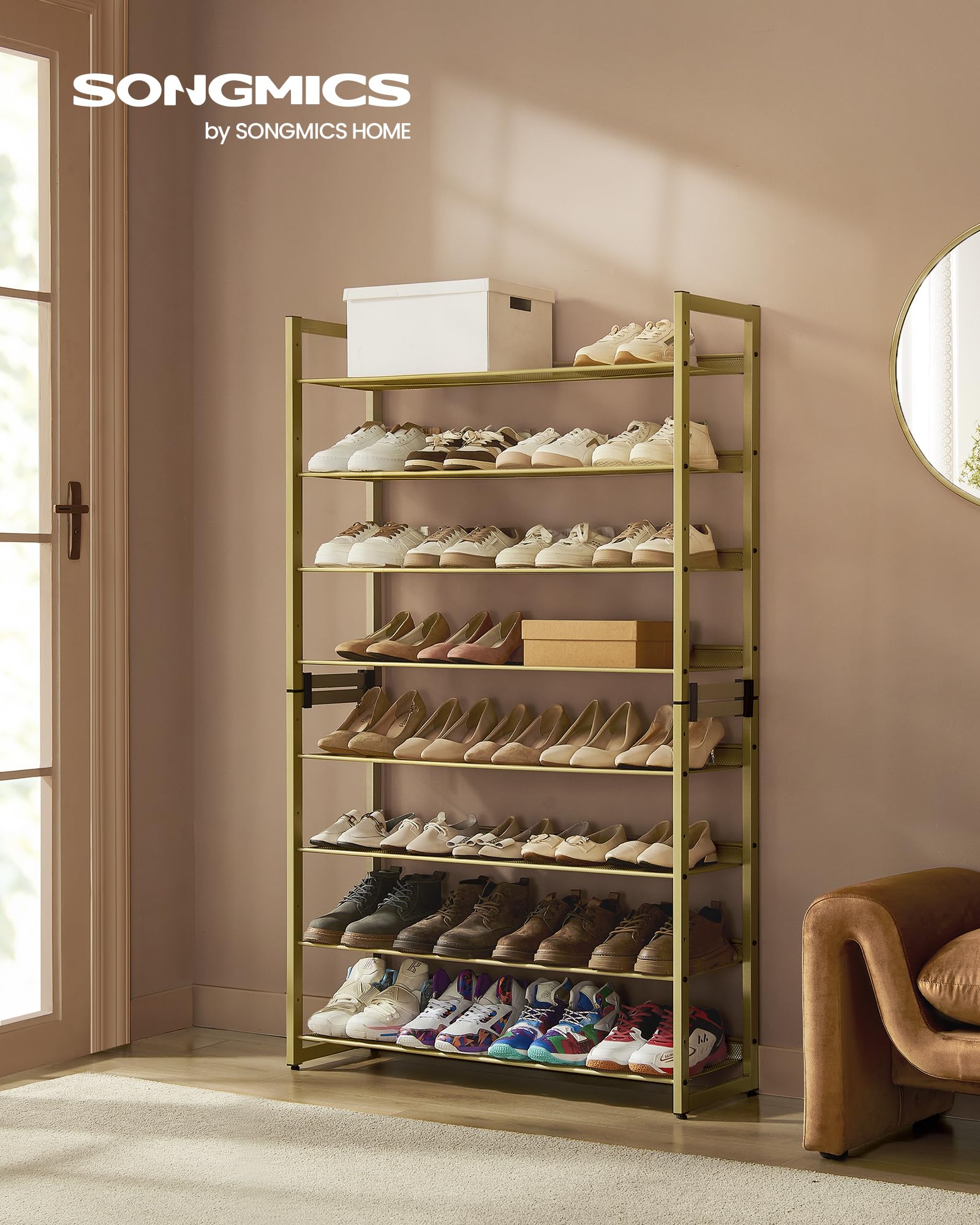 SONGMICS 8-tier shoe rack side view showing adjustable shelves for different sizes.