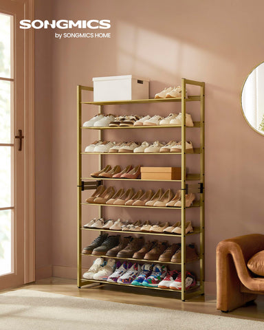 SONGMICS 8-tier shoe rack side view showing adjustable shelves for different sizes.