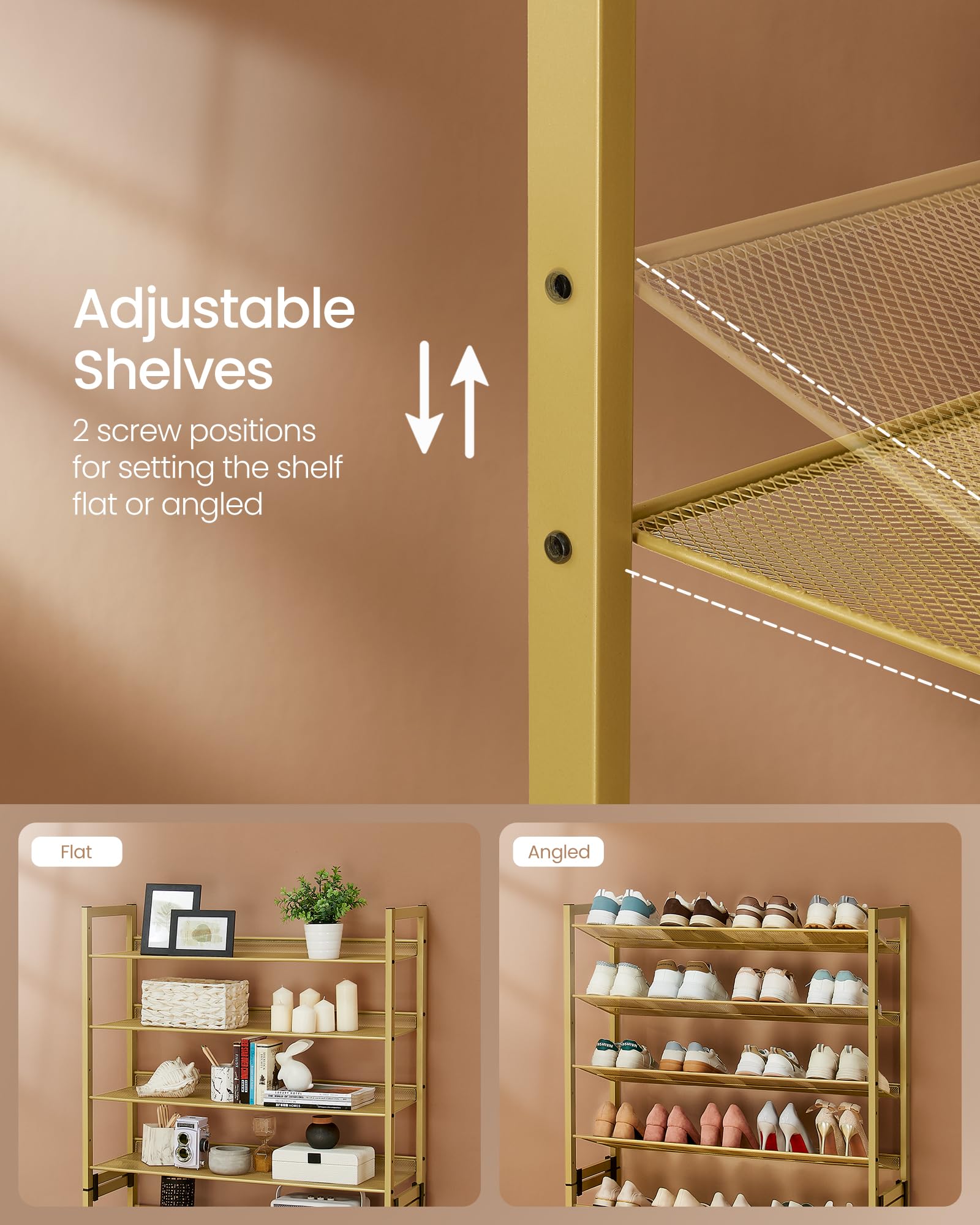 SONGMICS adjustable feet and anti-tip kit improve stability on uneven floors.