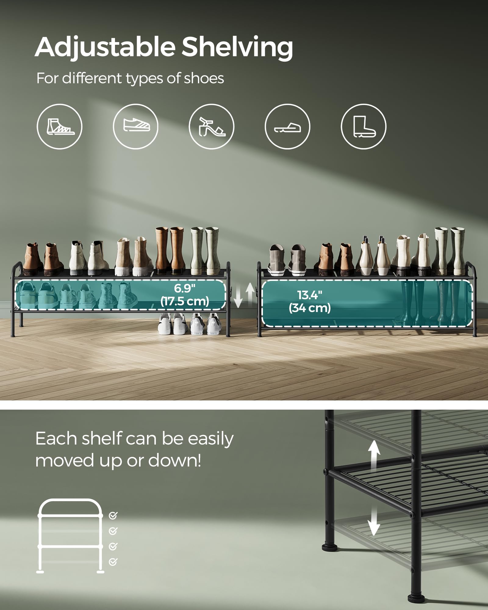 Songmics adjustable height feature adapts to various shoe sizes.