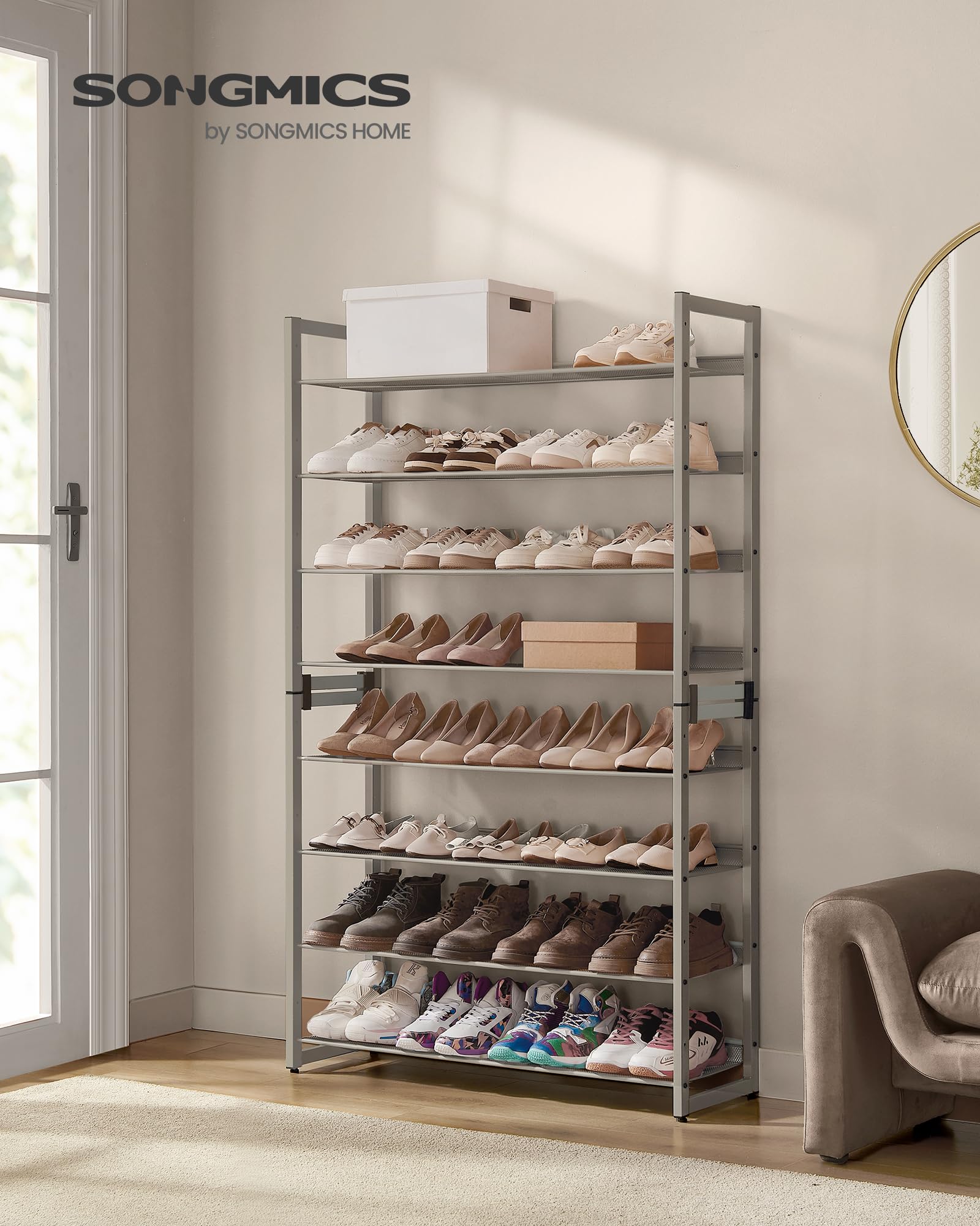 SONGMICS adjustable shelves show flexible shoe storage for entryways.