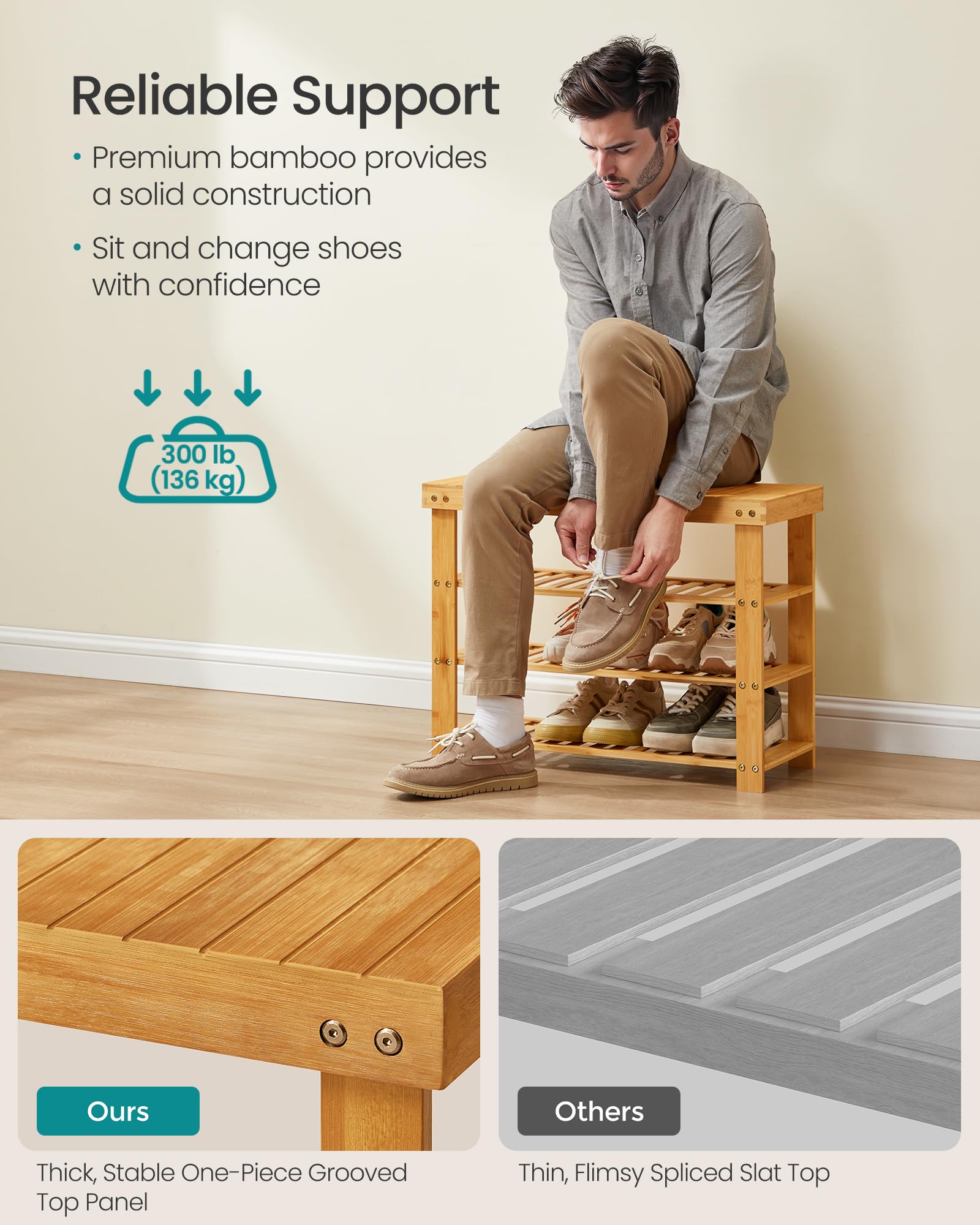 SONGMICS Shoe Rack Bench three shelves store nine pairs of shoes.