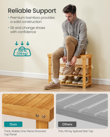 SONGMICS Shoe Rack Bench three shelves store nine pairs of shoes.