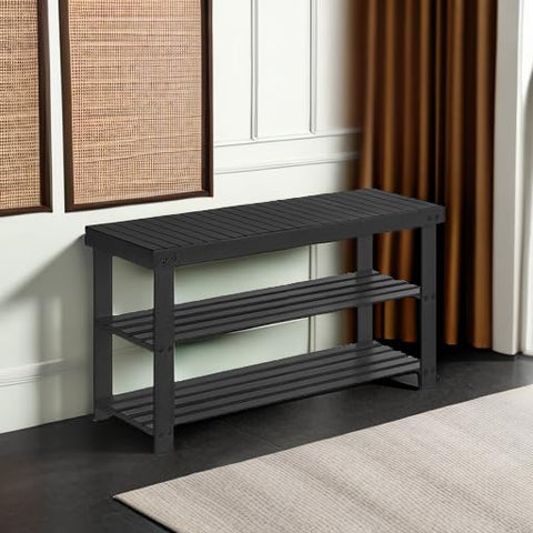SONGMICS 3-tier bamboo shoe rack bench in entryway setup for compact living