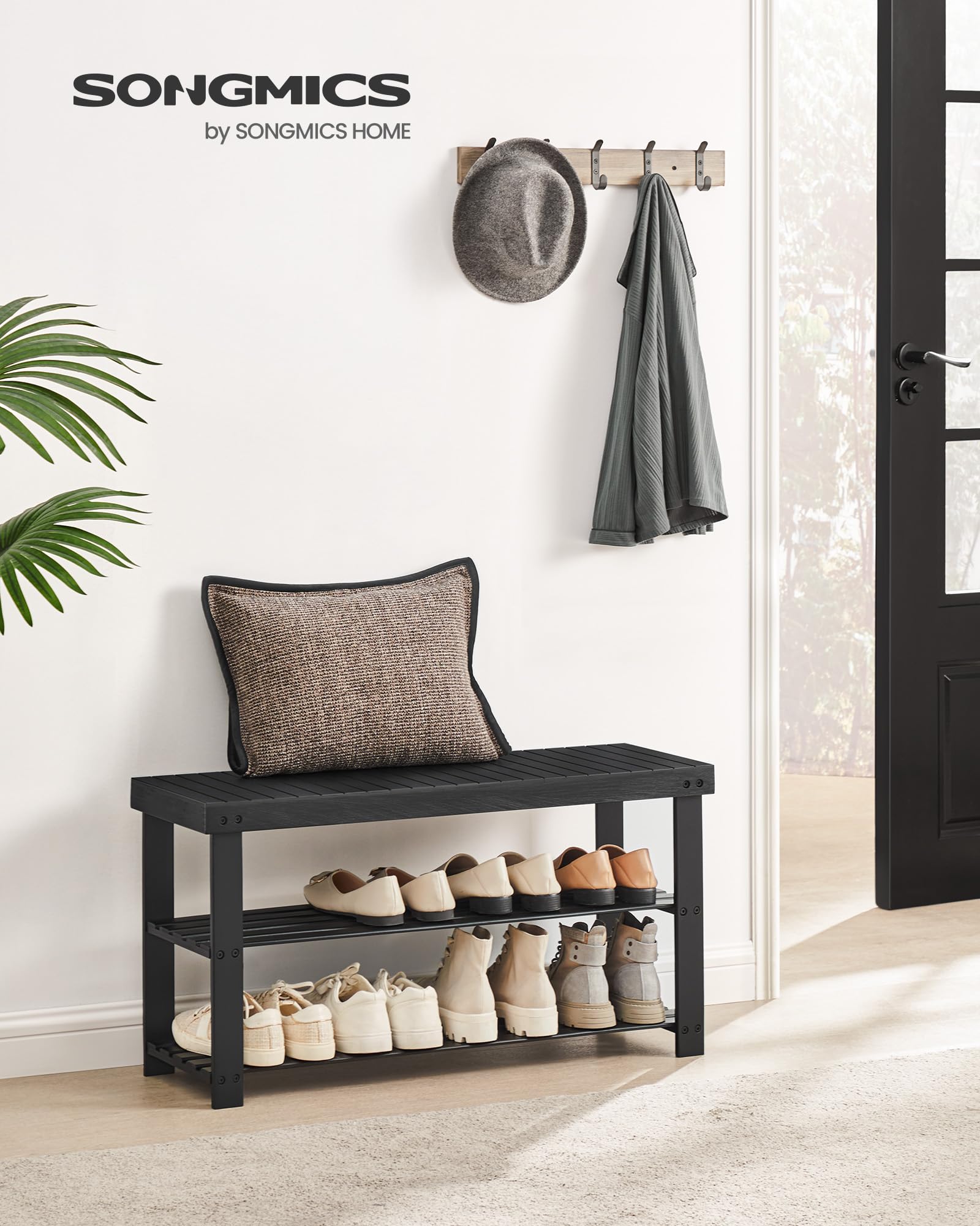 SONGMICS 3-tier bamboo shoe rack bench front angle with modern design