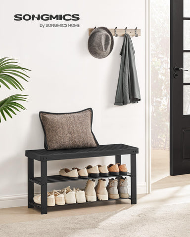 SONGMICS 3-tier bamboo shoe rack bench front angle with modern design