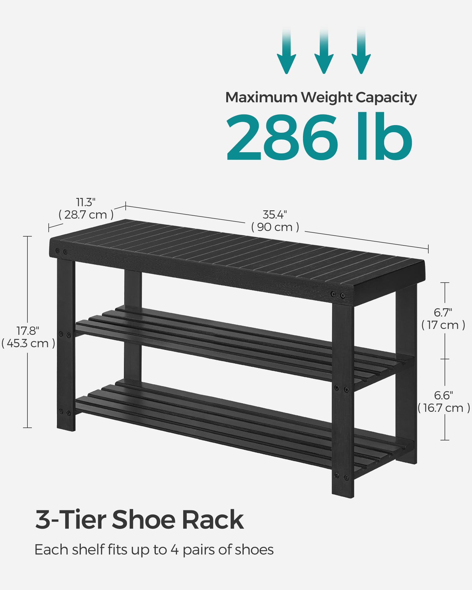 SONGMICS 3-tier bamboo shoe rack bench ink black finish fits contemporary décor